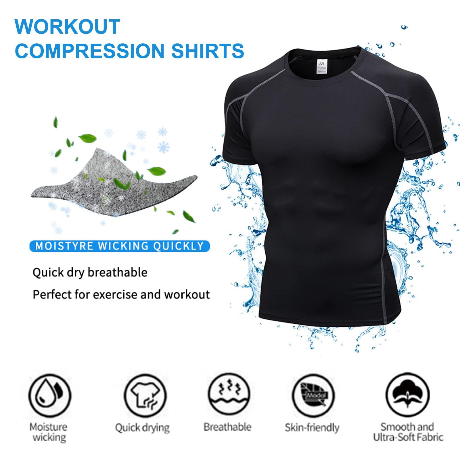 SPVISE B Grey Compression Shirts Men Short Sleeve Workout Gym T-Shirt Running Tops Cool Dry Sports Base Layer Undershirts