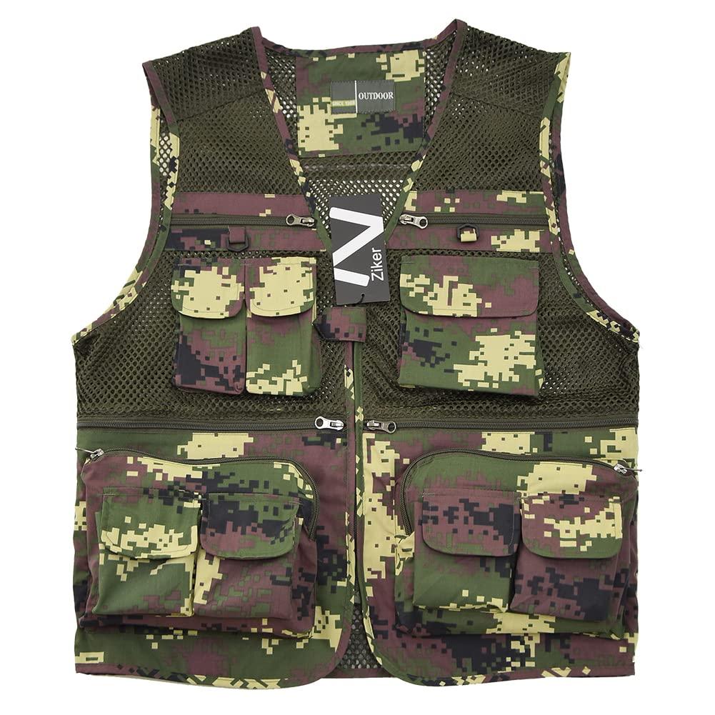 Ziker Ziker Men's Mesh Breathable Openwork Camouflage Journalist Photographer Fishing Vest Waistcoat Jacket Coat (US, Alpha, Large, Regular, Regular, Green-Camouflage)