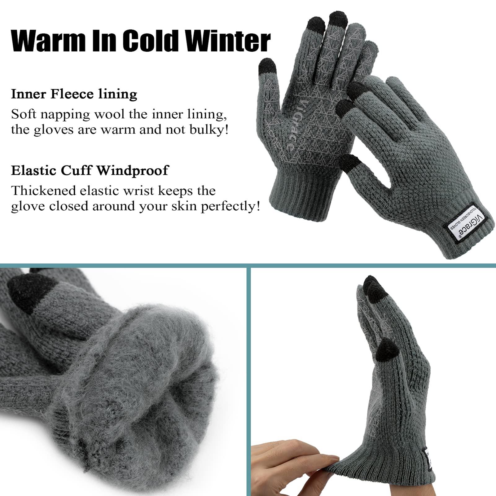 ViGrace ViGrace Winter Warm Touchscreen Gloves for Men and Women Touch Screen Fleece Lined Knit Anti-Slip Wool Glove (Gray, Large)