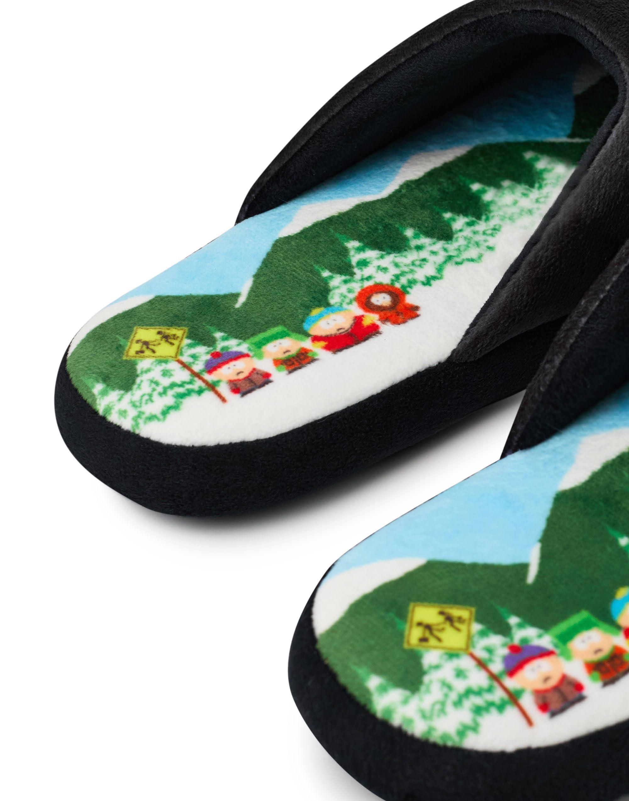 South Park South Park Mens Slippers | Adults Slip-On Mules in Black with Cartman, Kenny, Stan & Kyle Pixel Text Print | All Over Footbed Print House Shoes | Comedy Cartoon Indoor Bedroom Loungewear Gift