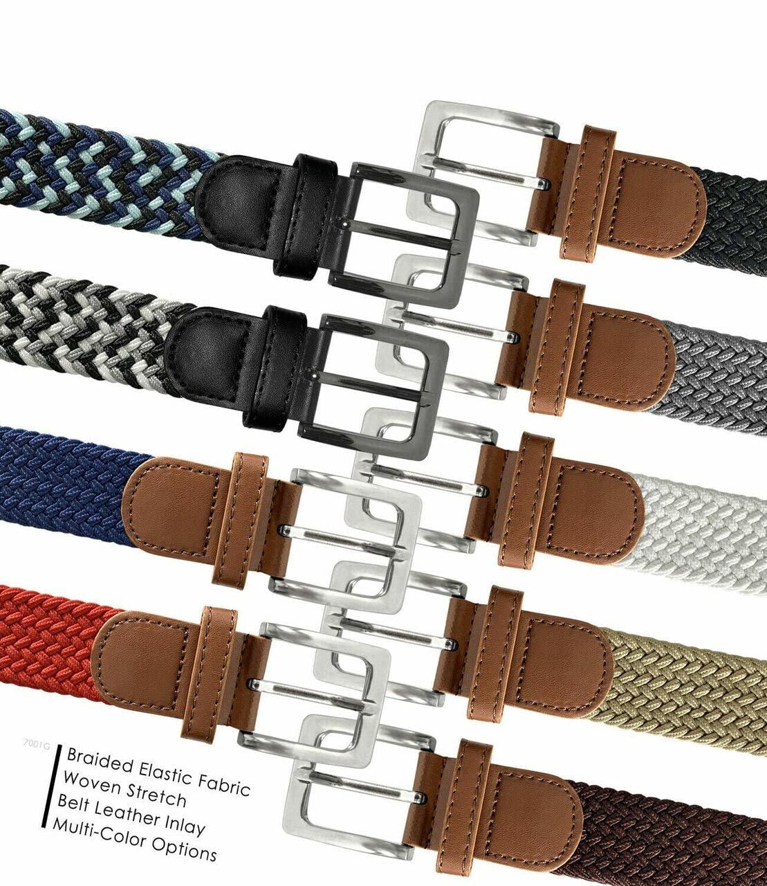 Belts.com 2 Count Men's Stretch Belt Braided Elastic Stretch Belt Casual Weave Canvas Fabric Woven Belt 1-3/8" Wide (Black/Blue/Navy, S)