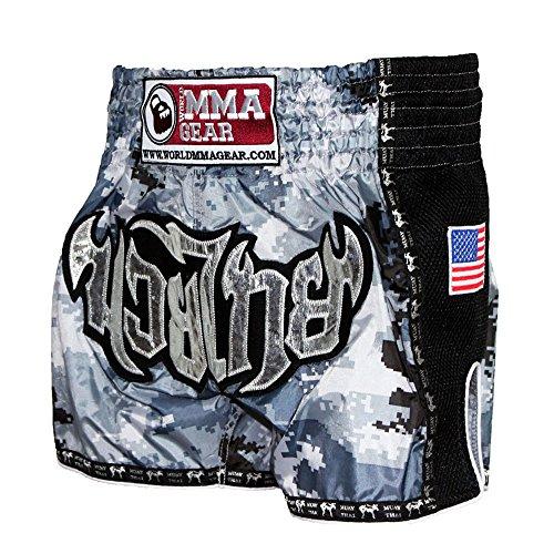 World MMA Gear World MMA Gear Muay Thai Shorts by Army Camouflage – Kickboxing, Thai Boxing (M (28'), Army Grey)