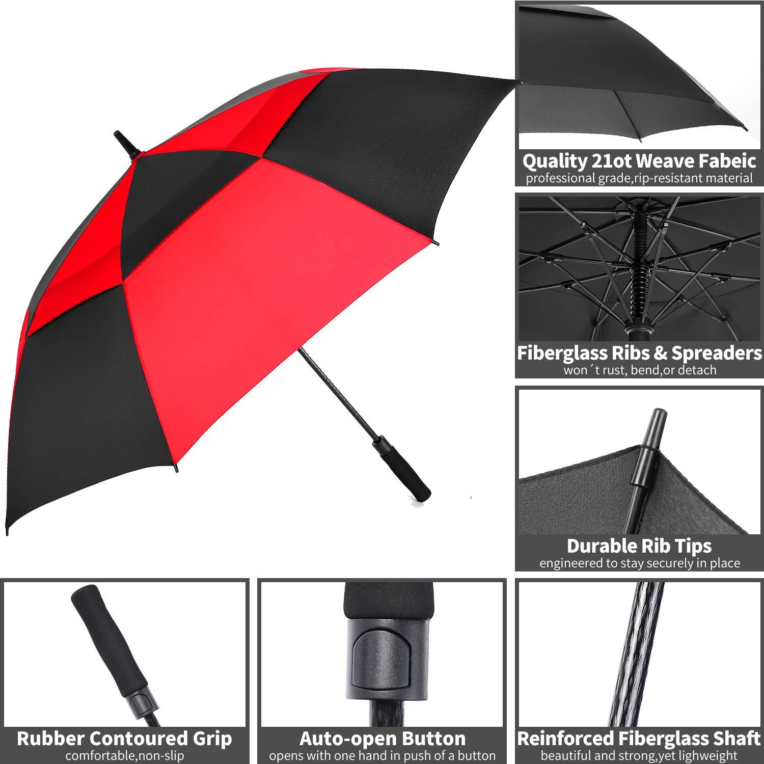 MRTLLOA MRTLLOA Automatic Open Golf Umbrella, Extra-Large Oversized Double Canopy Vented Windproof Waterproof Stick Rain Golf Umbrellas for Men and Women(Red Black/62 in)