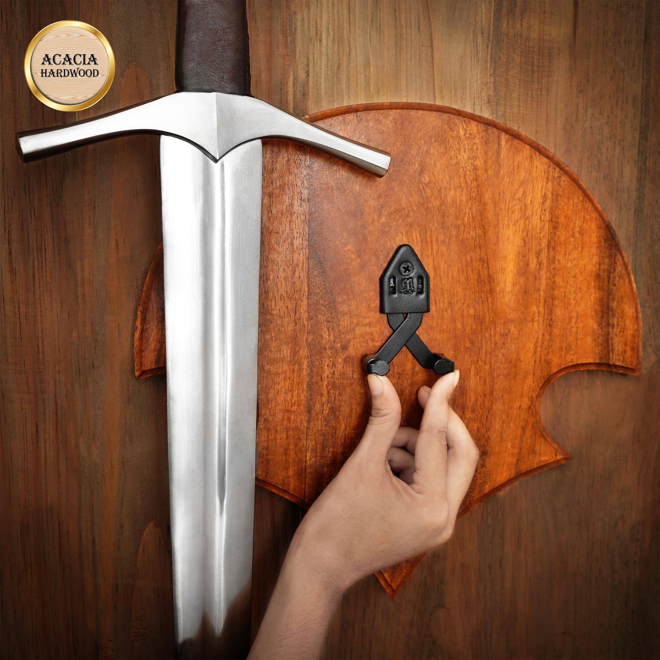 Mythrojan Mythrojan Wooden Sword Wall Mount Medieval Sword Plaque Sword Holder for Display Holder with Hardware Sword Hanger Wall Vertical Mount Single Rack Display Holder Home Dcor, Natural - 11.75\" x 11.75\"