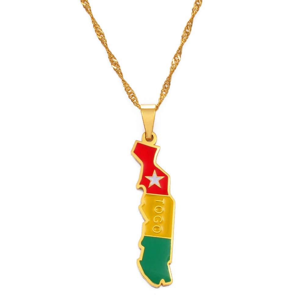 Dan CECE KELE Dan CECE KELE Map Pendant Necklace - Togolaise Map Necklace for Men and Women, Togolese Map Necklace with Flag Jewelry Fashion Clavicle Chain Neckwear, Ethnic Symbol Pendant Neckwear,Gold,45Cm Chain