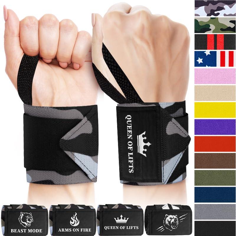 TECEUM TECEUM Weightlifting Wrist Wraps with Thumb Loop Black Camo Queen of Lifts 18 inch Heavy-Duty Workout Wrist Support & Protection Ideal for Powerlifting, Strength Training, Bodybuilding