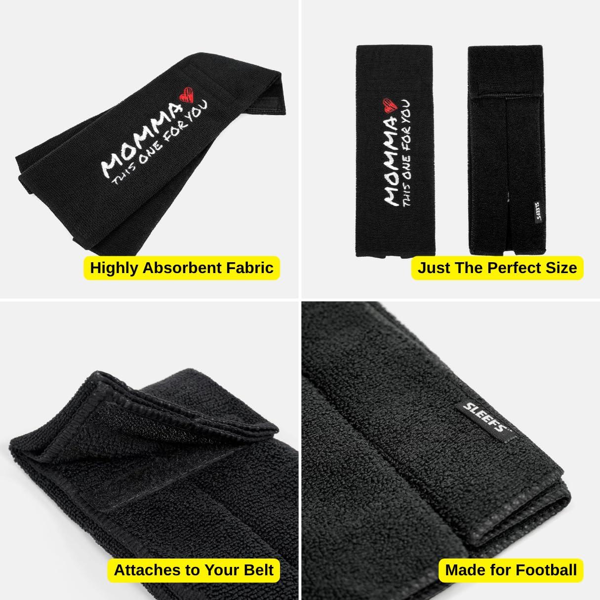 SLEEFS SLEEFS Football Towel - Cotton Quarterback QB Towel for The Football Field - Bi-Fold Hook & Loop Closure - Men/Youth/Boys/Adults - Momma Black