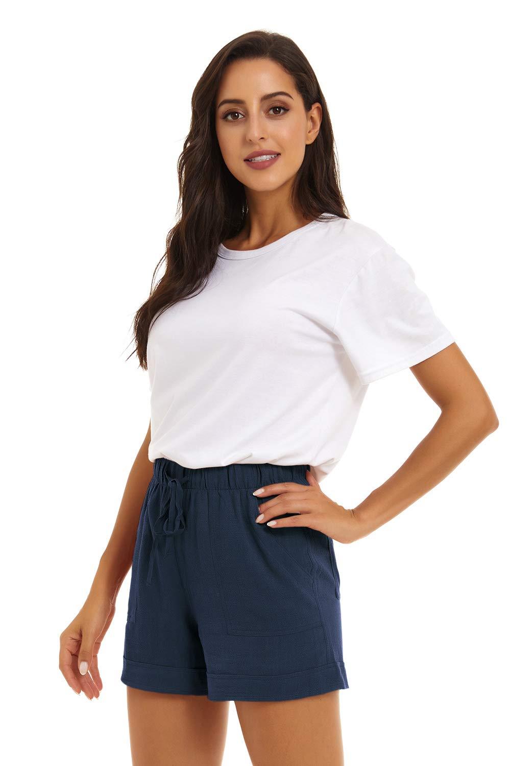 KINGFEN KINGFEN Shorts for Women Ladies Comfy Pull On Shorts Women 5 Inch Inseam Casual Summer Beach Lightweight Drawstring Elastic Waist Linen Short with Pockets Dark Blue Medium