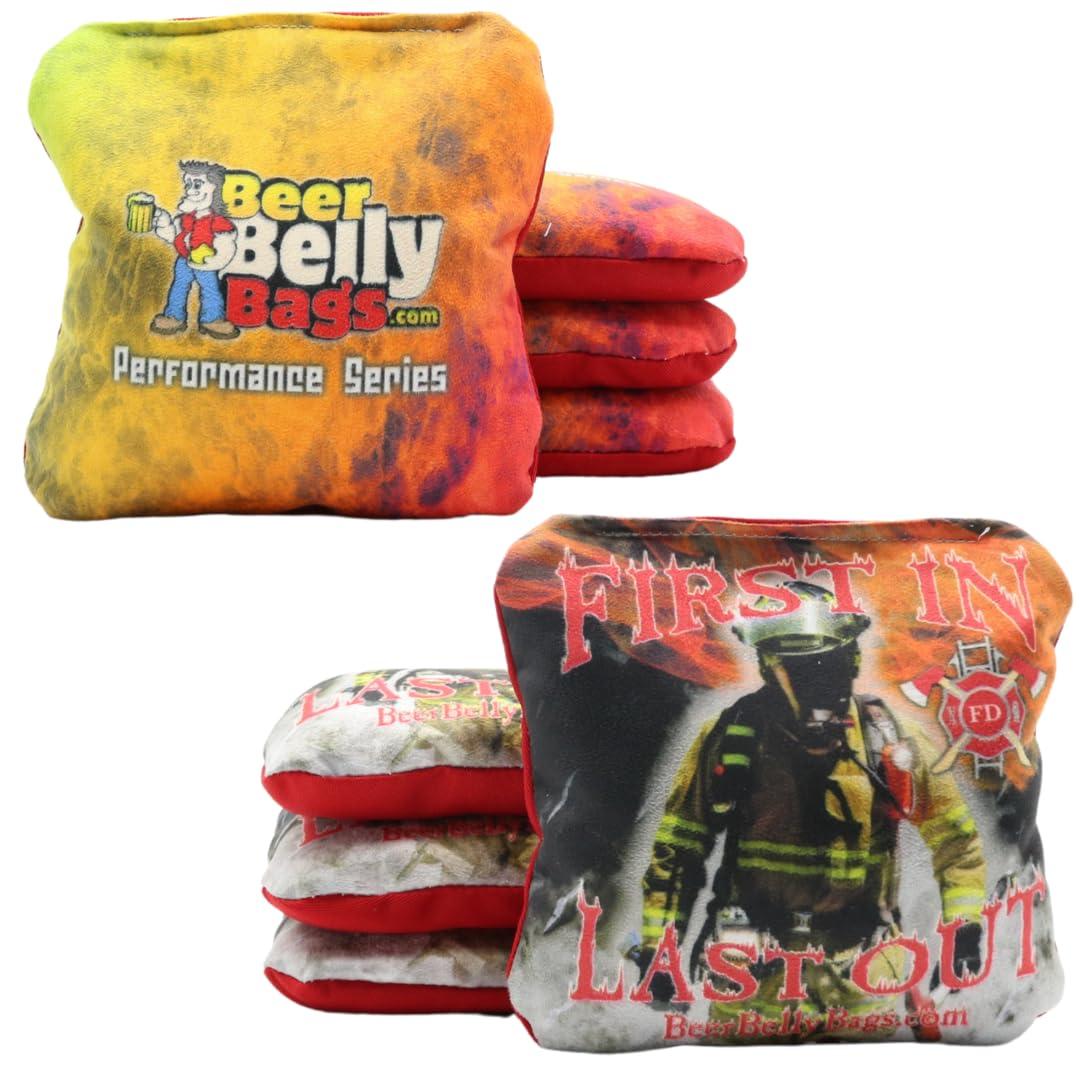 Beer Belly Bags Beer Belly Bags Pro Style Performance Cornhole Bags Tournament Regulation Resin Fill 16 Ounce - Set of 8 Includes Carrying Tote Made in USA (Fireman/Atomic Fire)