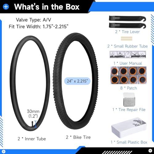 yeesport 24 Inch Mountain Bike Tires, 2PCS 24x2.125 Bike Tires and 2PCS 24 x 2.125 Bicycle Tube with Bike Tire Levers, Replaceable 24 Inch Bike Tire MTB Rubber BMX Tires for City Roads, Muddy Trails