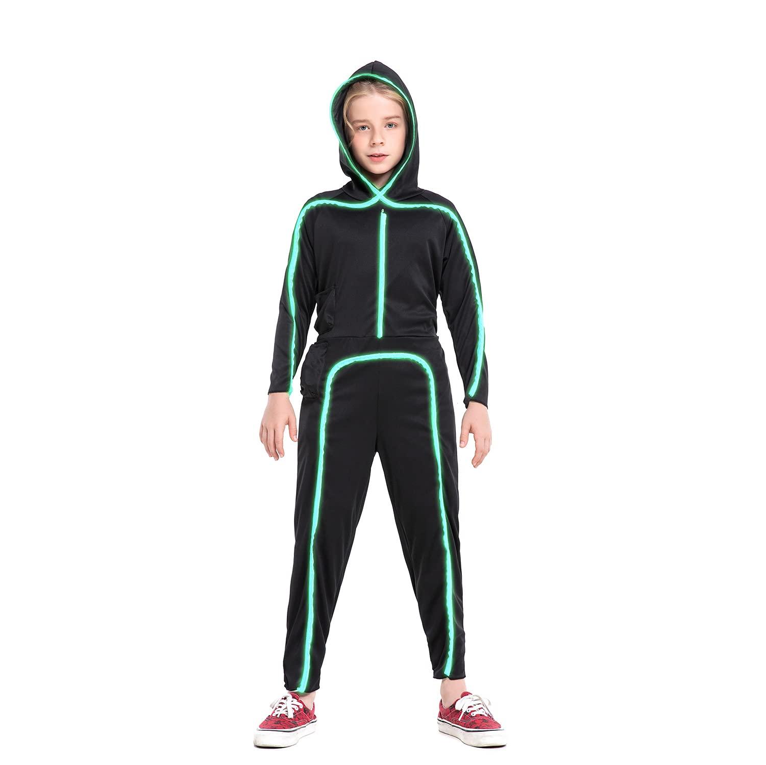HSCTEK HSCTEK Light Up Stick Figure Costume Kids, Led Stick Man Costumes Child Boys Girls, Halloween Glow in Dark Stickman Cosplay Youth(Fluorescent Green, 1012)
