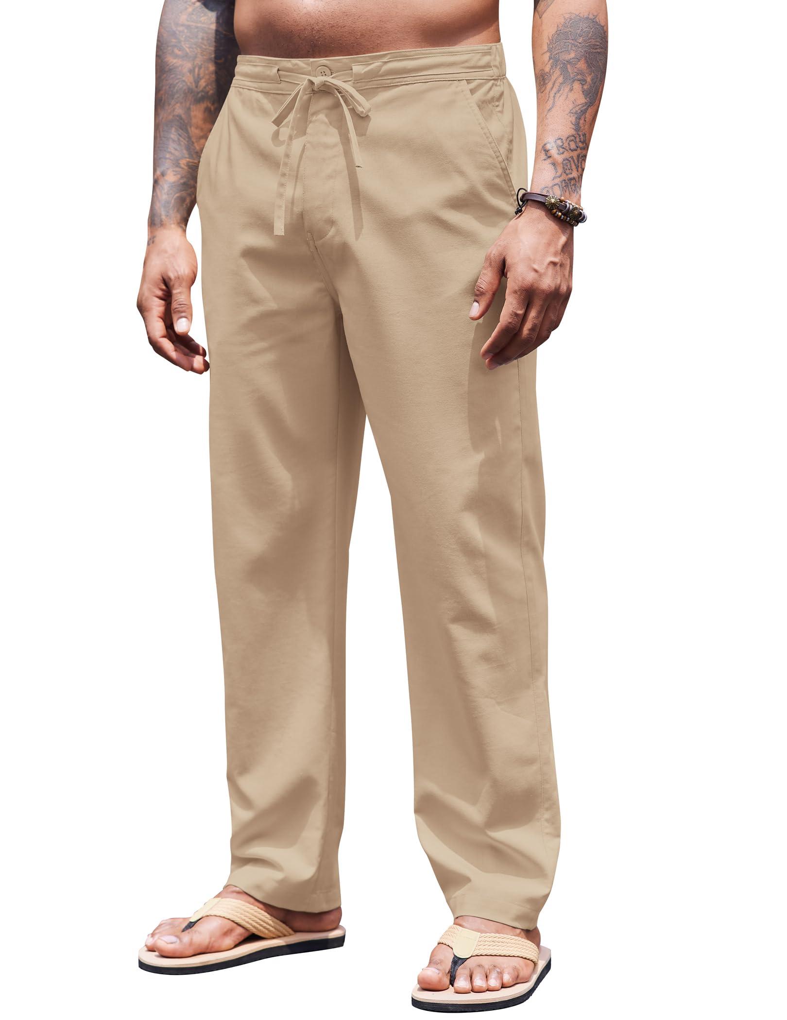 COOFANDY COOFANDY Mens Linen Pants Loose Fit Yoga Beach Pants Casual Summer Elastic Waist Drawstring Trousers with Pockets Khaki