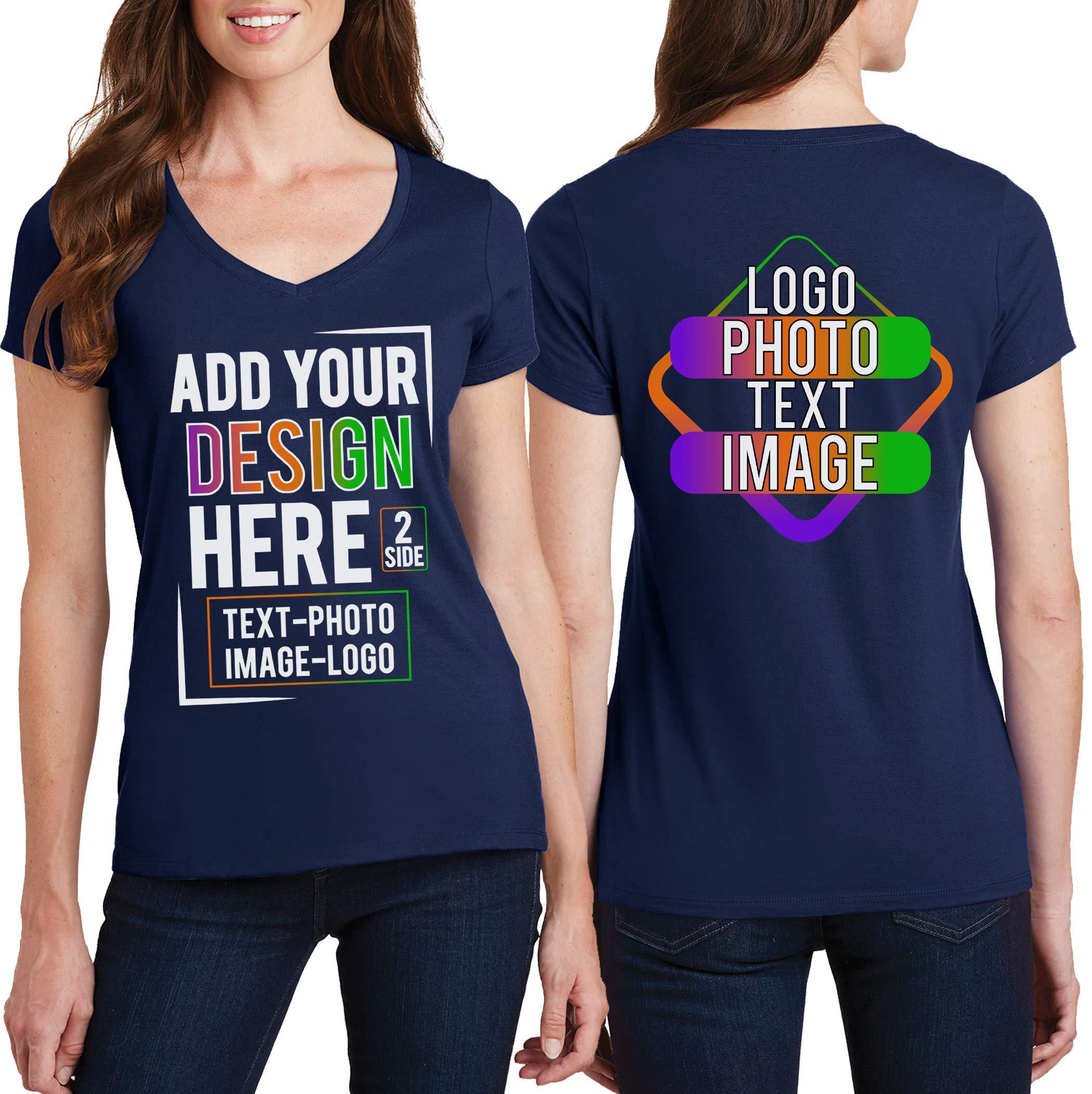 TEEAMORE Women Custom V Neck T Shirts Design Your Own Add Picture Photo Text Two Sided Navy