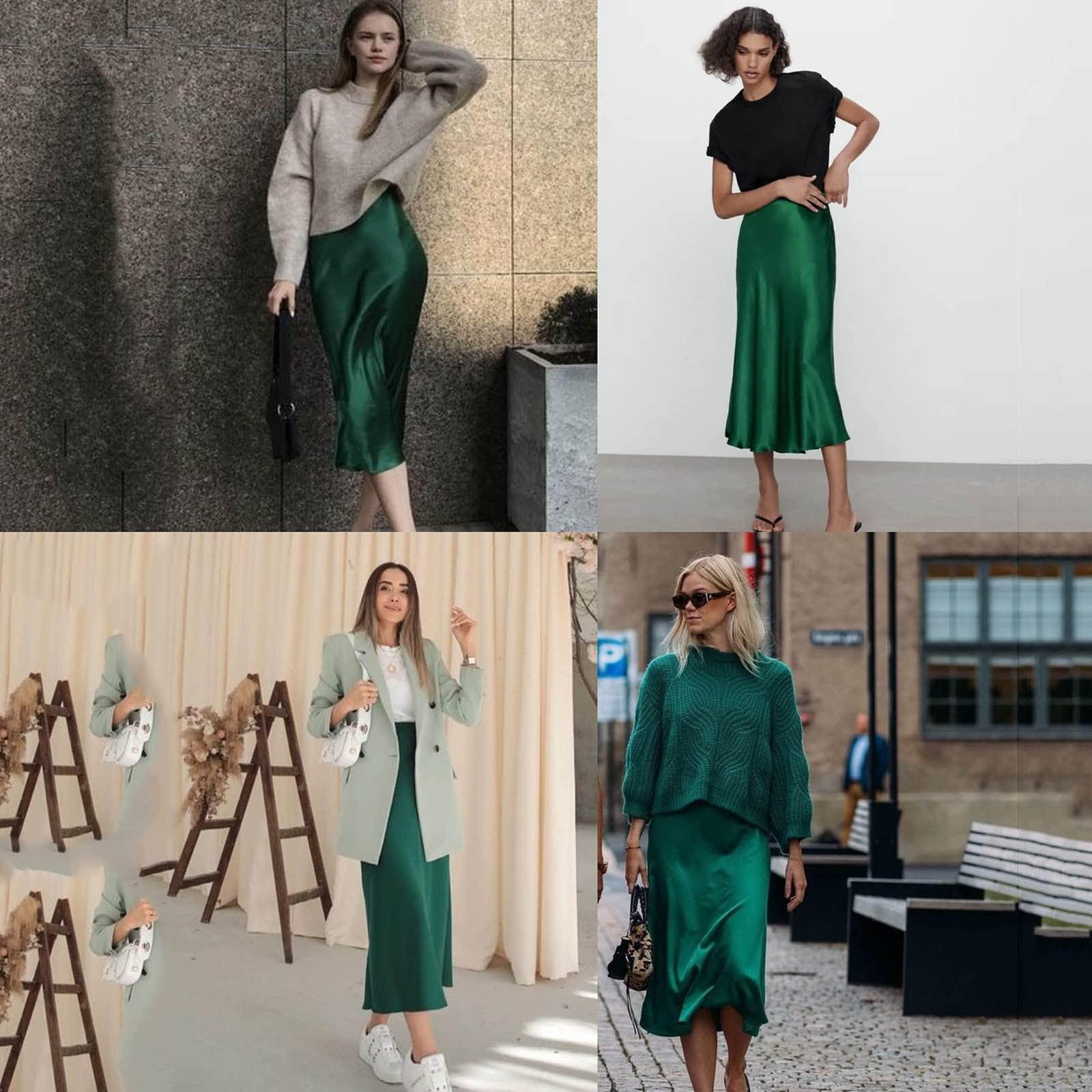 NineFit Basics Satin Skirts for Women Midi Length Silk Skirt Elegant High Waisted Midi Skirt Flowy A-Line Flared Cocktail Party Long Skirts Green