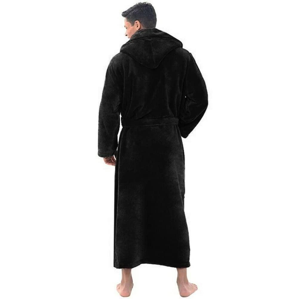 Bluelans Mens Hooded Fleece Robe Plush Long Bathrobes Bath Robe for Men Black XL