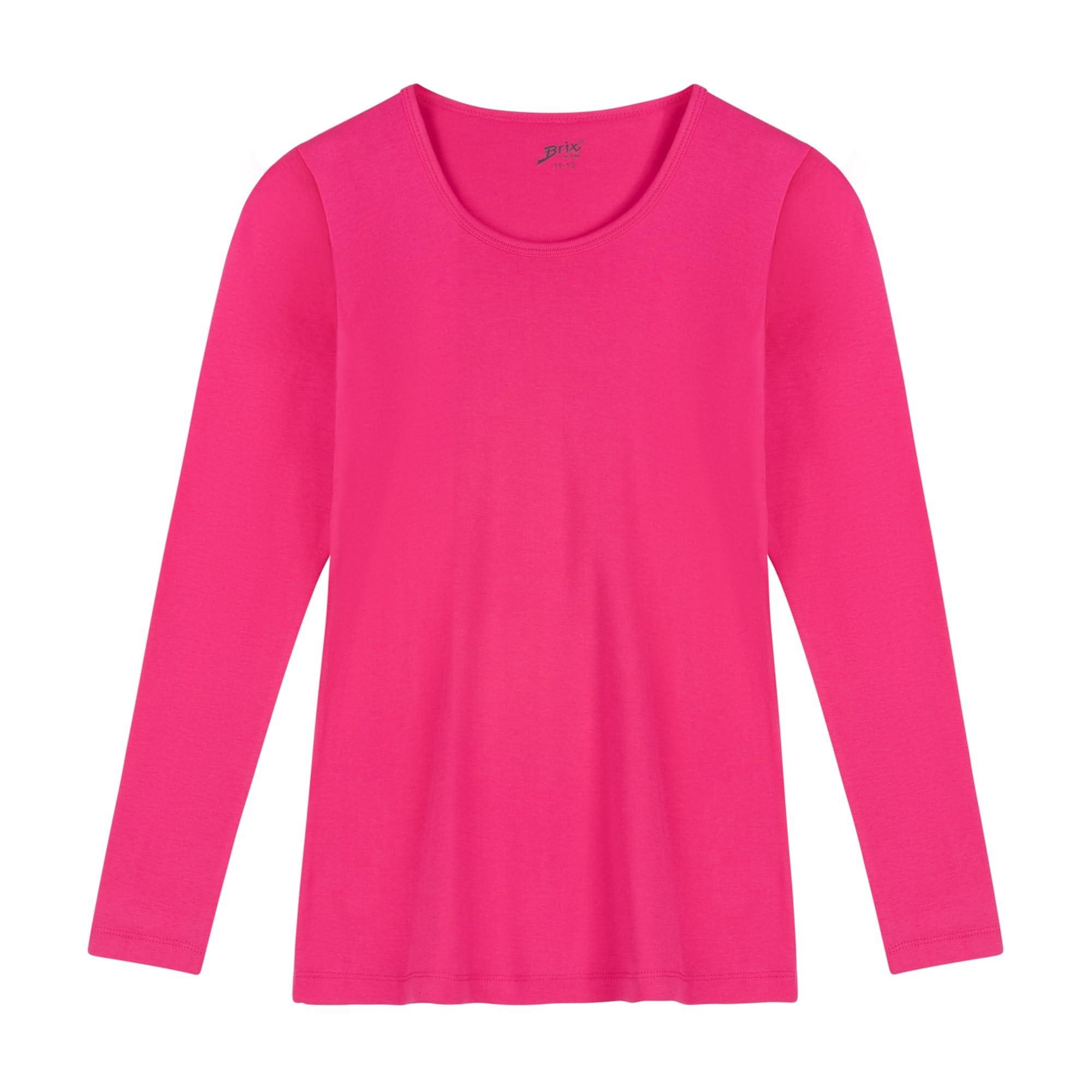Brix Brix Girls' Long Sleeve Tees - 100% Cotton Tagless 4 -Pack Crew Neck Super Soft Cotton T Shirts. (US, Age, 11 Years, 13 Years, Black, White, Navy, Fuschia Pink)
