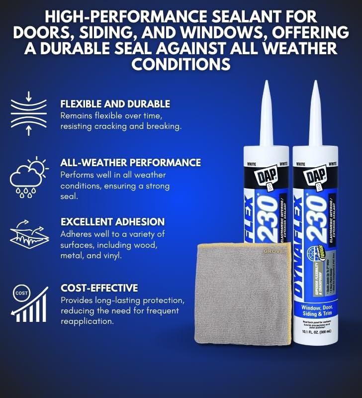 GROVE DAP Dynaflex 230 Sealant 10.1 oz Bundle with Microfiber Cloth - Waterproof - Elastomeric Caulk Sealant for Windows, Doors, and More - Indoor/Outdoor Use - White - (3 Items)