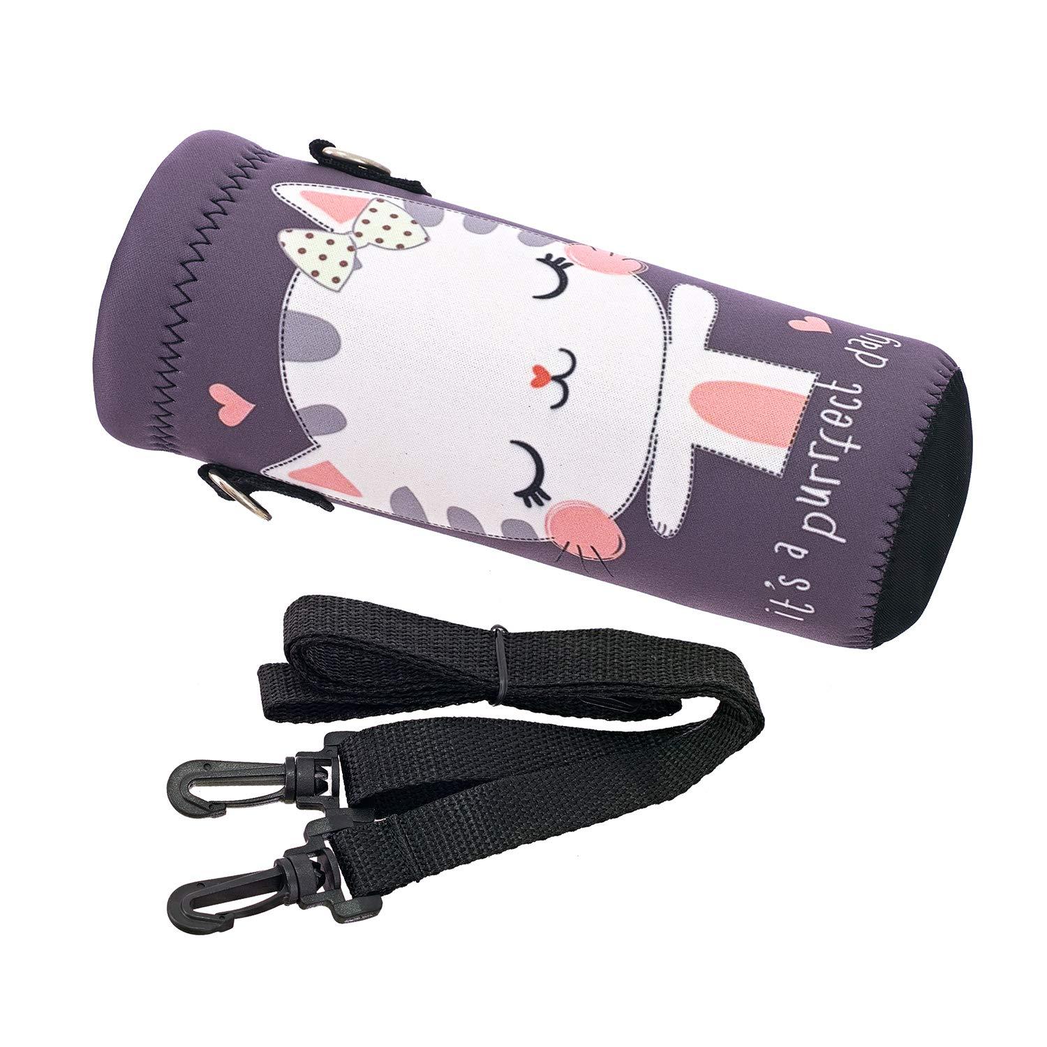 RICHEN RICHEN Neoprene Water Bottle Carrier Bag with Adjustable Shoulder Strap,Insulated Water Bottle Cover for 1000ml/32oz Stainless Steel/Glass/Plastic Bottles (Cute Cat,1000ML)