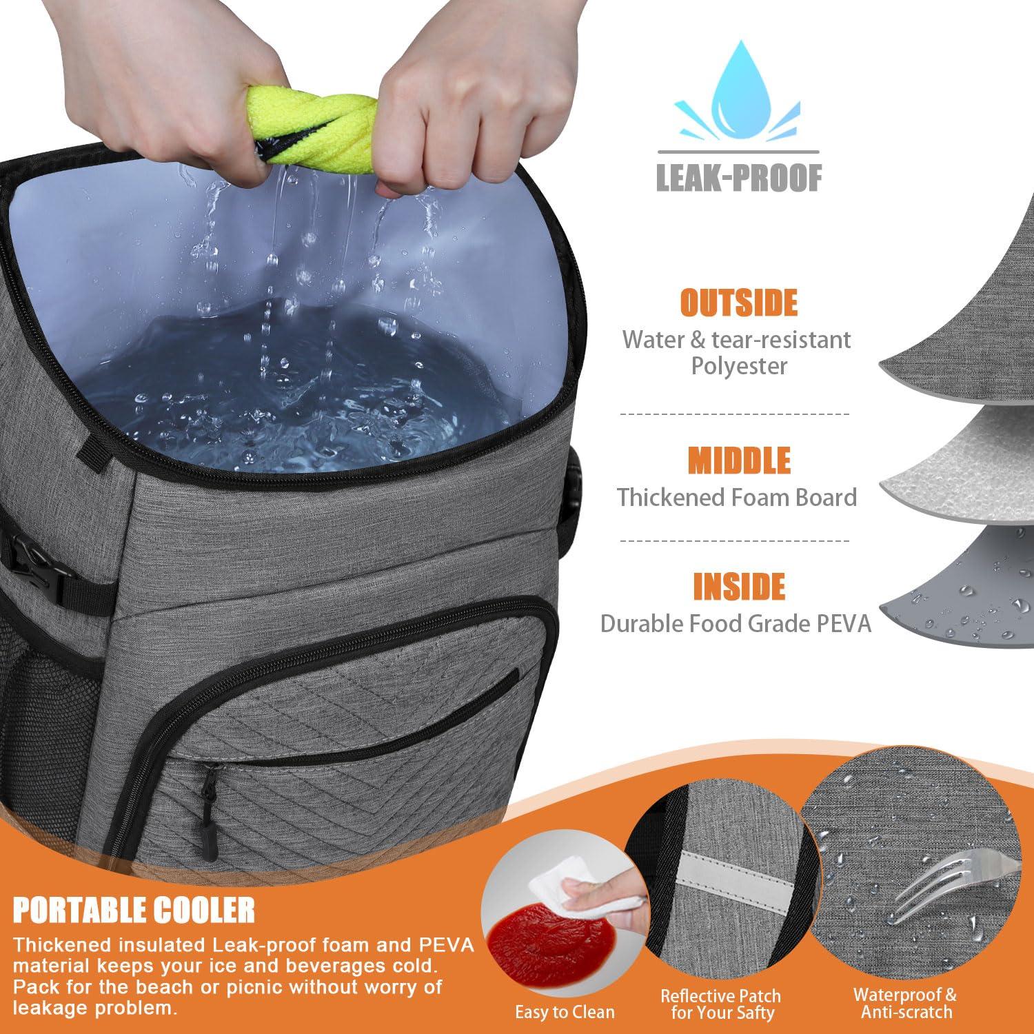 Capolo Cooler Backpack Insulated Leakproof Waterproof Backpack Cooler Bag 30 Cans, Large Capacity Lightweight Travel Camping Beach Drink Beverage Beer Bag Cooler Ice Chest for Men and Women, Grey