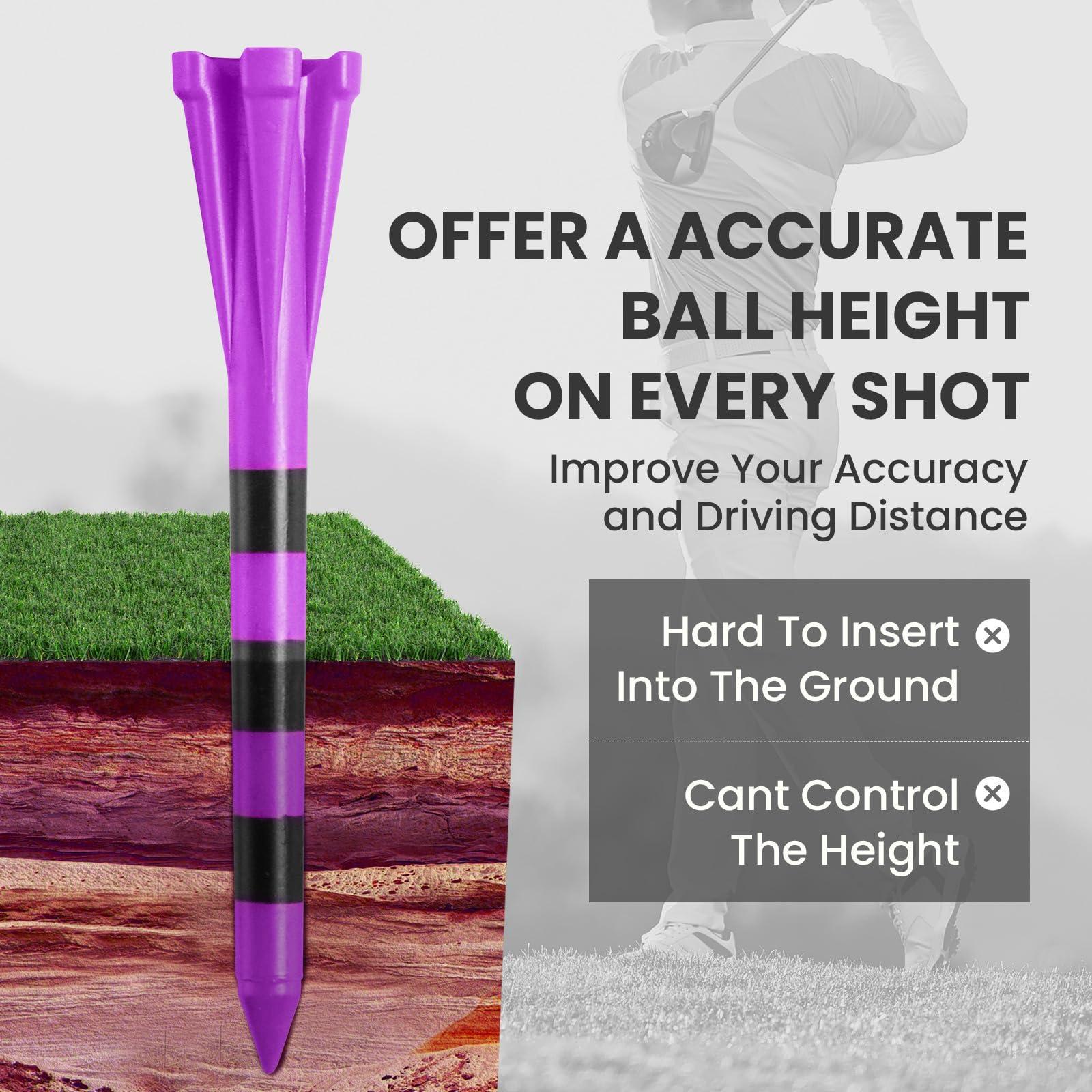 VEASAERS Golf Tees Plastic 3 1/4 2 3/4 inch Unbreakable 20 50 100 Pack, Bulk Long Stronger Upgrade More Durable Stable Reduce Friction Side Spin Tee Pink Pouple Gift for Men Women (20Pcs 3 1/4 inch, Purple)