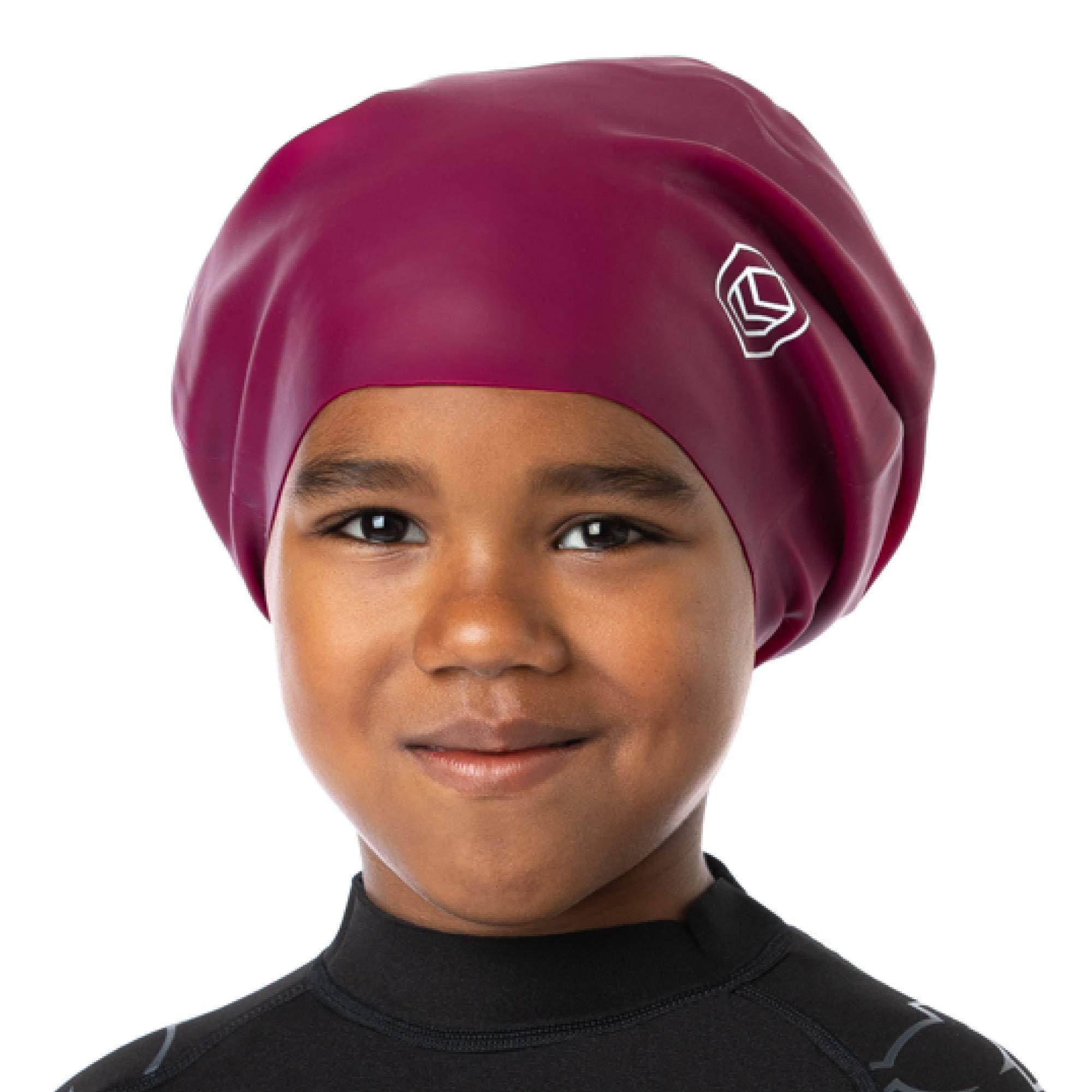 SOUL CAP SOUL CAP JR - Large Swimming Cap for Children - Designed for Long Hair, Dreadlocks, Weaves, Hair Extensions, Braids, Curls & Afros - Silicone (Large, Burgundy)