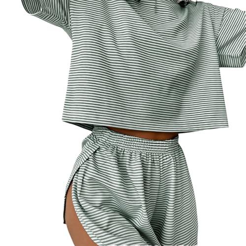 NineFit Basics Sereluxe Pajama Set, Split Short Pajama Set,Women's Two Piece Pajama Set Striped Print Soft & Seductive Pajama Set (Green,S)