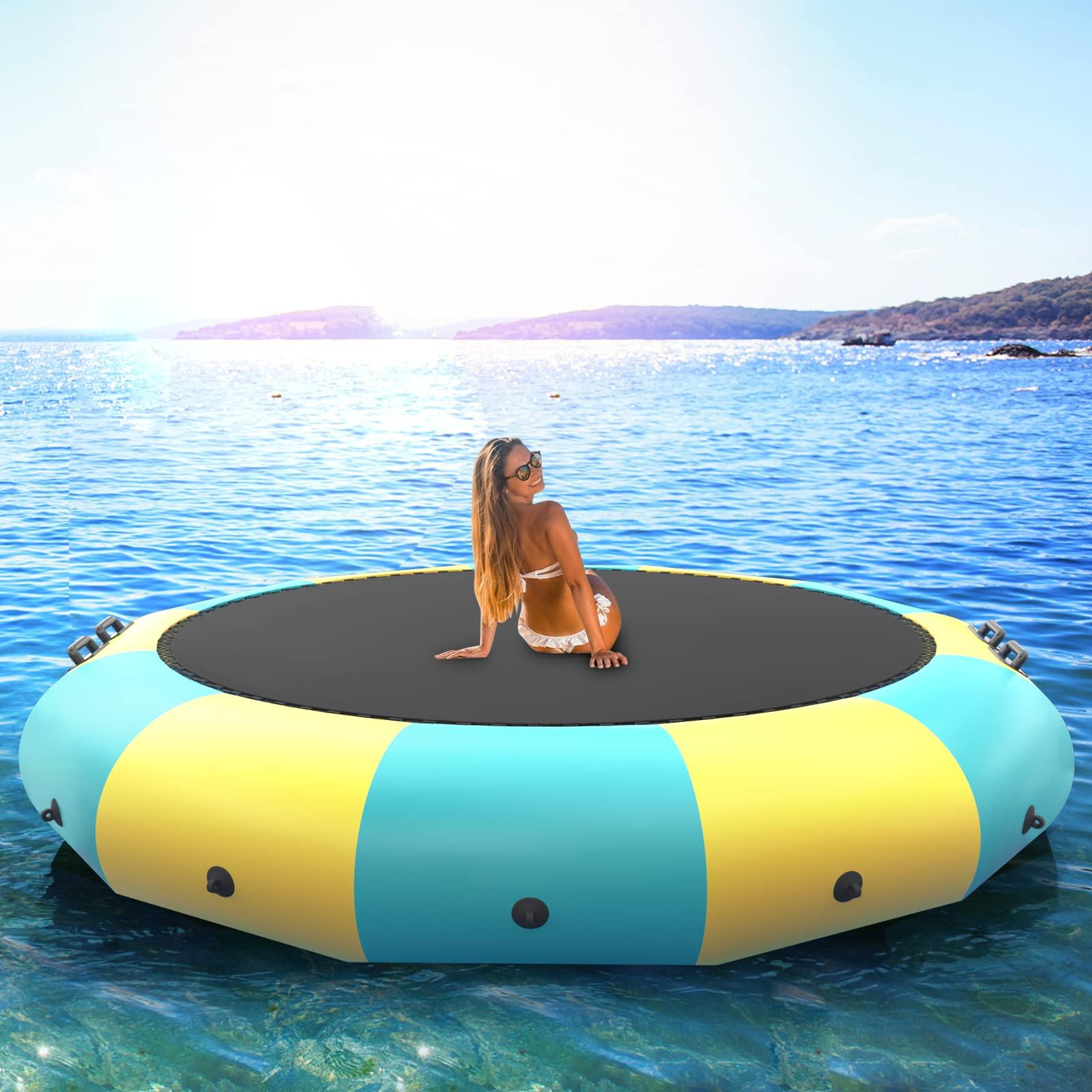 GYMAX GYMAX Water Trampoline, Floating Lake Trampoline with Electric Pump & Rope Ladder, Inflatable Water Bouncer for Lake, Heavy Duty for Adults (12Feet Yellow)