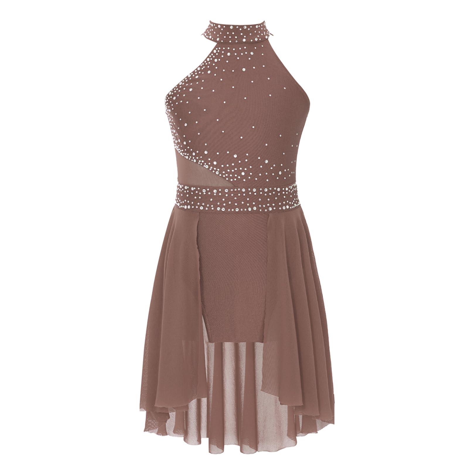 JEATHA JEATHA Kids Girls Rhinestone Sleeveless Mock Neck Roller Skating Dress Gymnastic Leotard Ballet Dance Costume Dusty Pink B 16