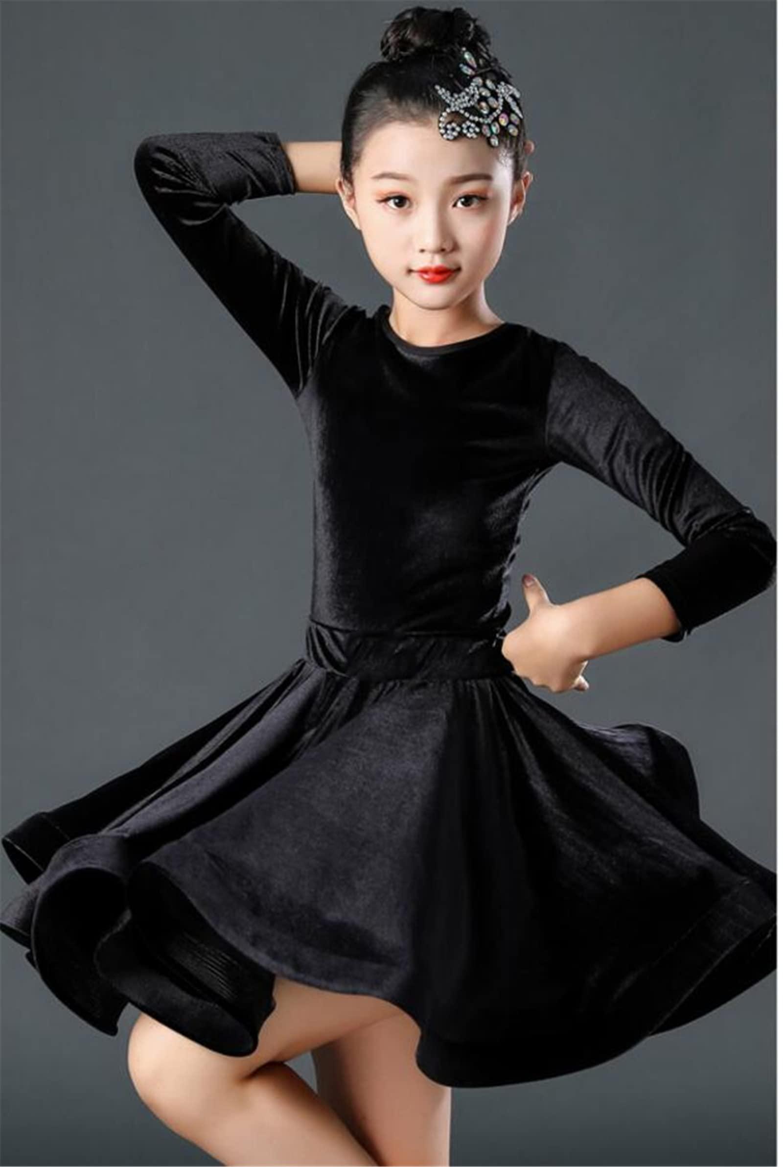OTMYIGO OTMYIGO Girl Latin Dance Dress Tango Salsa Dancewear Dress Ballroom Competition Party Stage Performance Practice Costumes,Black,3XS