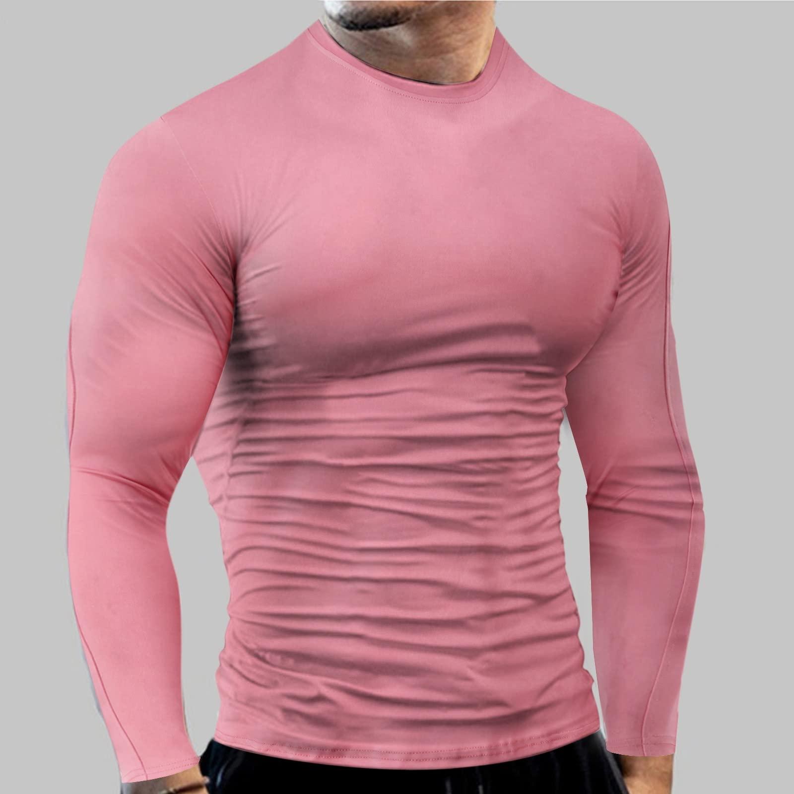 NineFit Basics Men's Athletic Long Sleeve Compression Shirts Mens Base Layer Athletic Workout Shirt Compression Shirts Sport T Shirts(Pink#02,L)