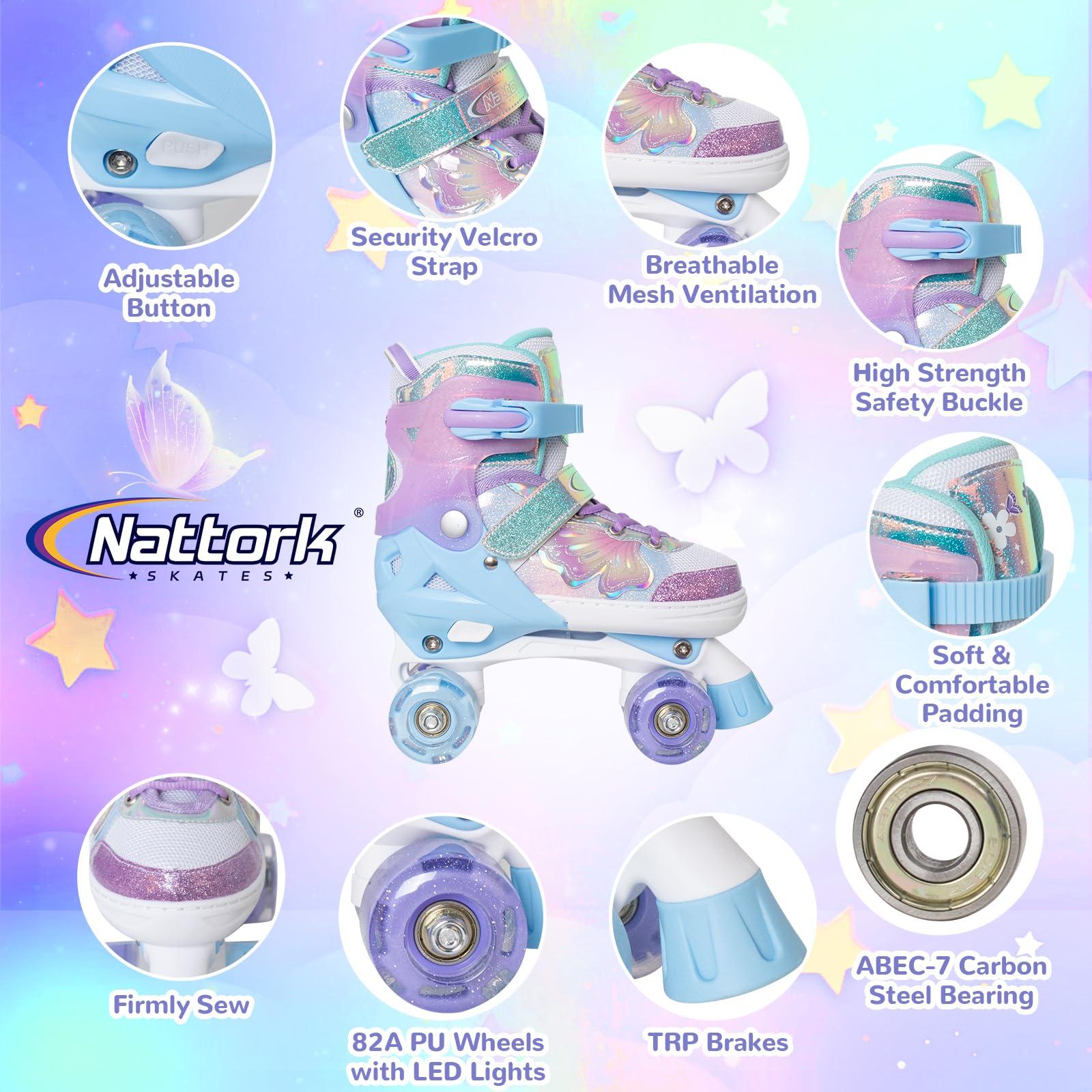 Nattork Kids Roller Skates for Girls Boys - Purple for Toddlers Age 3 4 5 - Adjustable All Light up Wheels Butterfly and Flower Indoor Outdoor Sports Birthday Gift for Son and Grandson