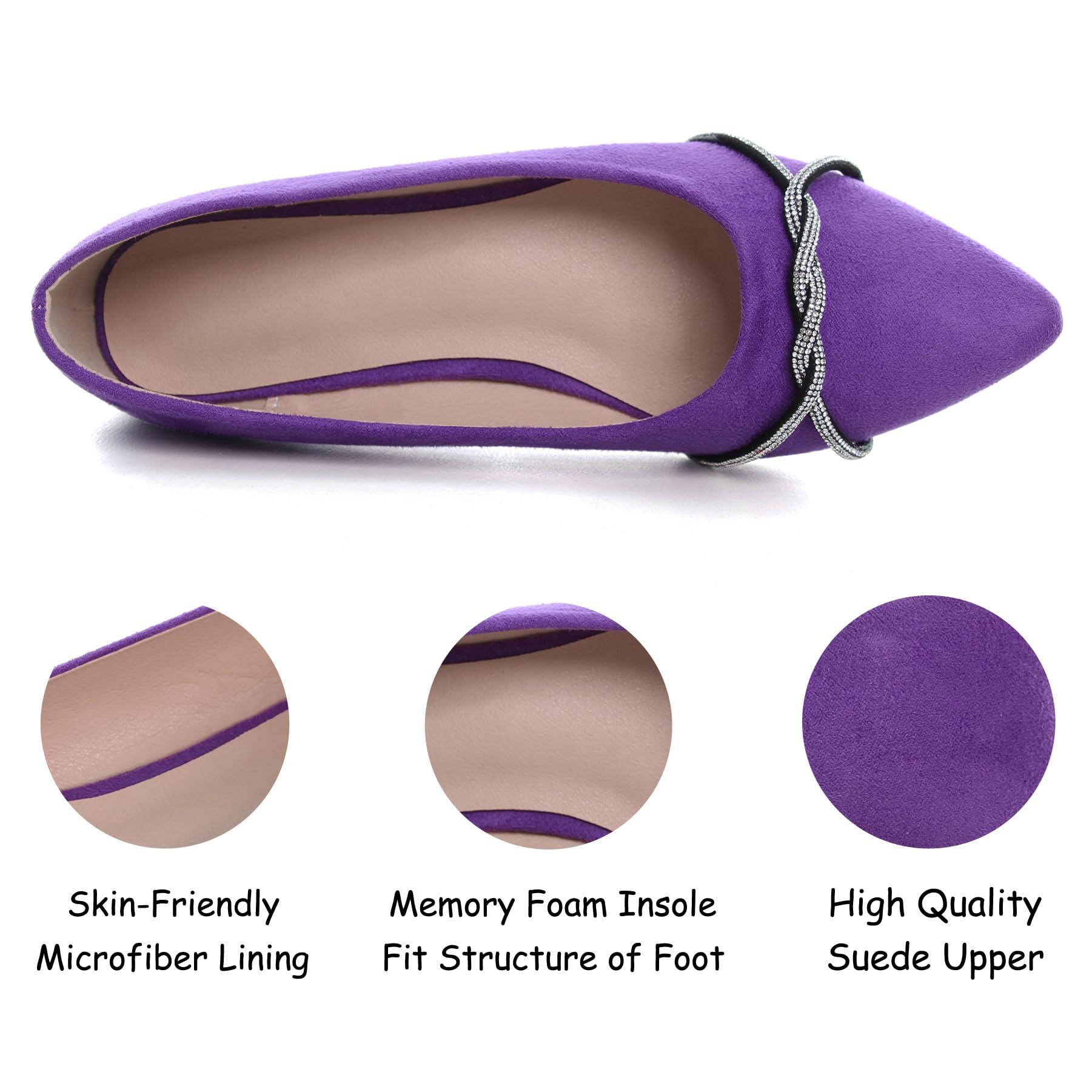 SAILING LU Rhinestones Purple Flats Dress Shoes for Women's Dressy Flats Comfortable Pointed Toe Slip-On Ballerina Walking Loafers Flats Shoes Size 5