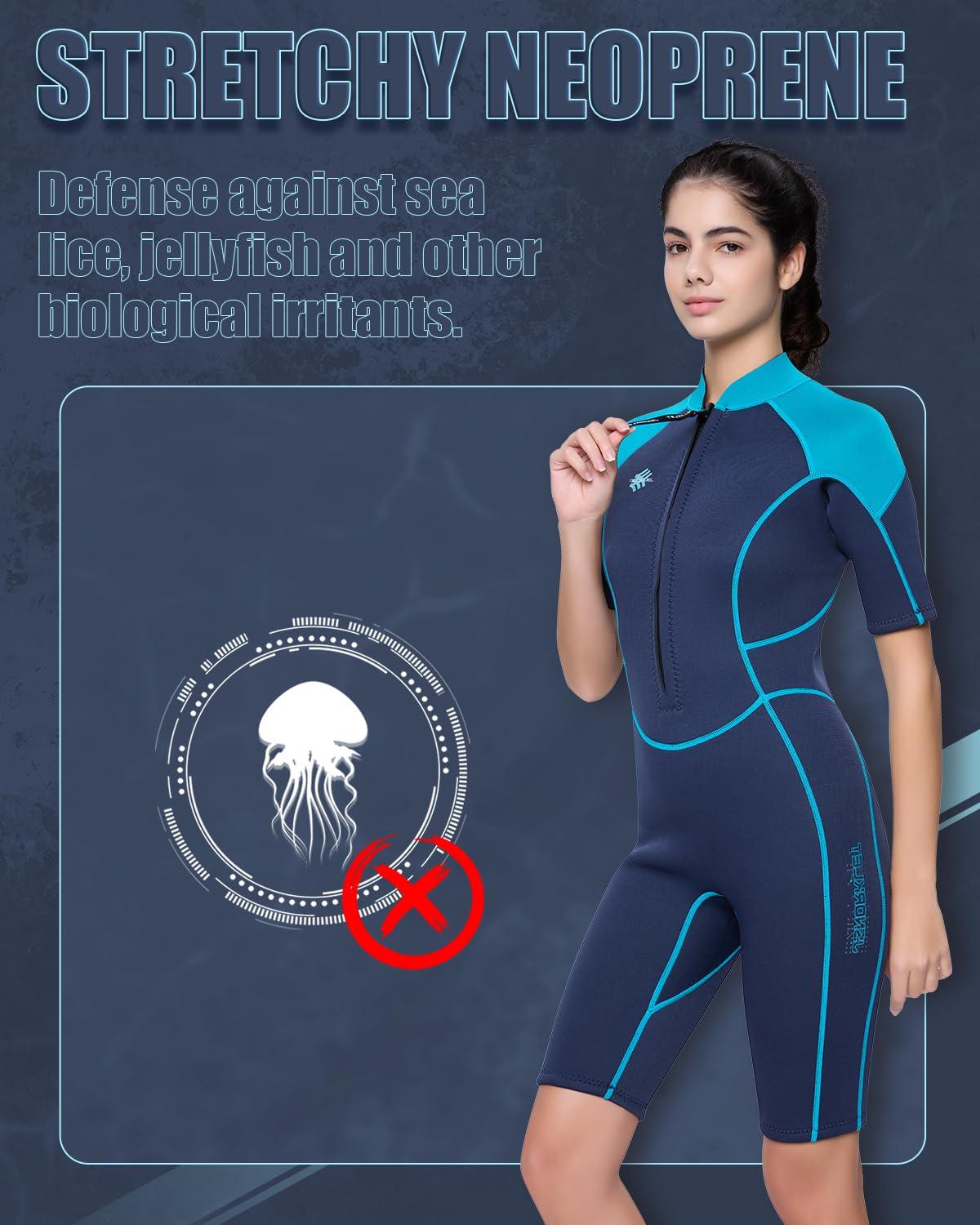 JSNORKLET Jsnorklet Womens Wetsuit Shorty, 3mm Front Zip Neoprene Shorty Diving Suits Keep Warm in Cold Water for Swimming Snorkeling Surfing