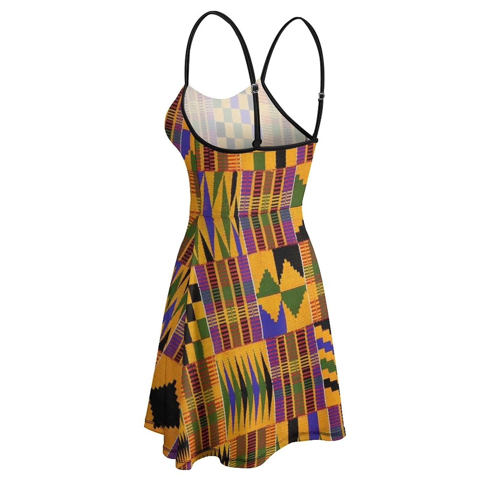 BAIKUTOUAN BAIKUTOUAN African Art_ Kente Cloth Women\'s Sleeveless Sundress Skirt Summer Beach Sling Dress