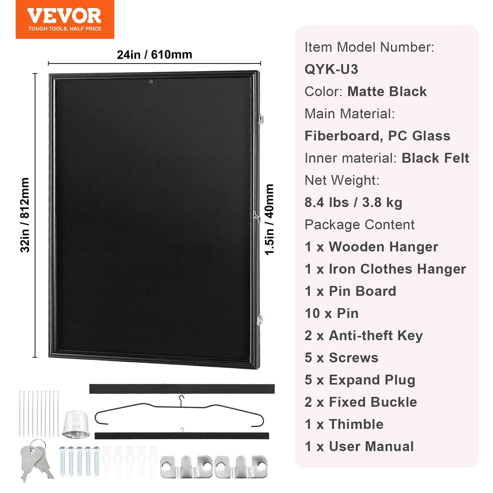 VEVOR VEVOR Jersey Display Frame Case, 24 x 32 x 1.5 in, Large Lockable Sport Jersey Shadow Box with 98% UV Protection PC Glass and Hangers, for Baseball Basketball Football Hockey Shirt and Uniform, Black