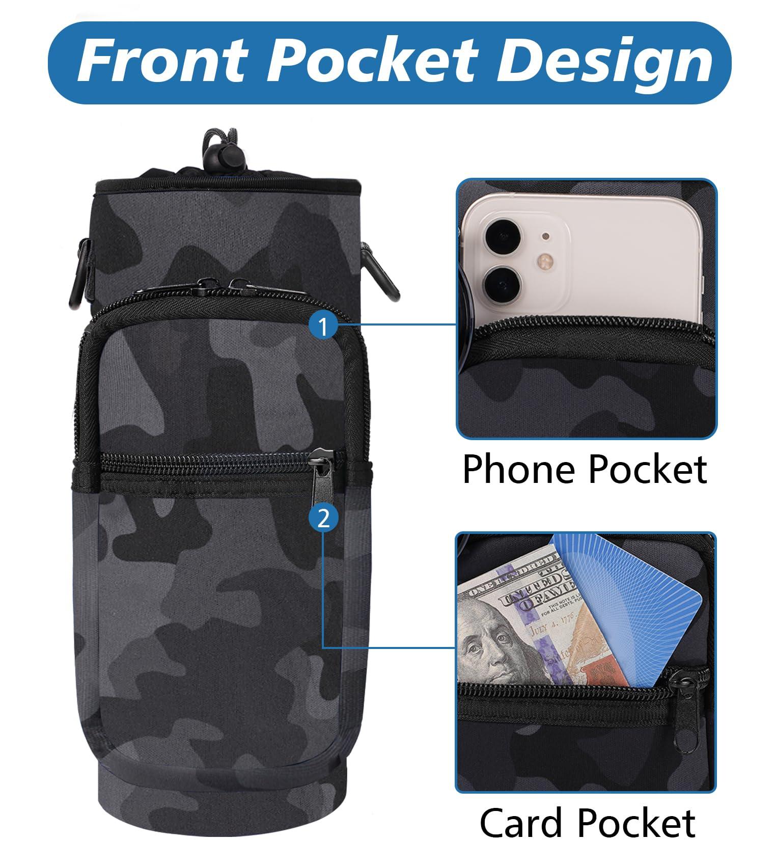 AceTreker AceTreker 32 oz 40 oz Water Bottle Sleeve, Insulated Water Bottle Sling Bag with Adjustable Strap, Water Flask Pouch Holder with Phone Pocket for Men Women-Black Camo