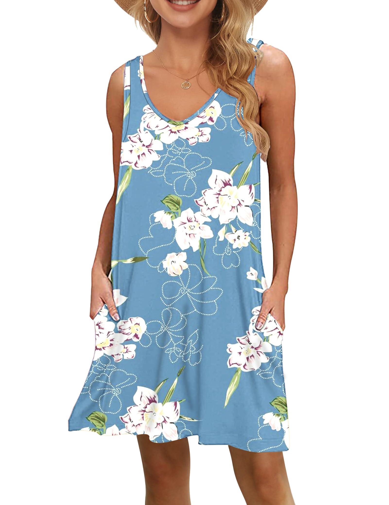 MISFAY MISFAY Women's Summer Casual T Shirt Dresses Beach Cover up Tank Dress(Floral Light Blue,L)