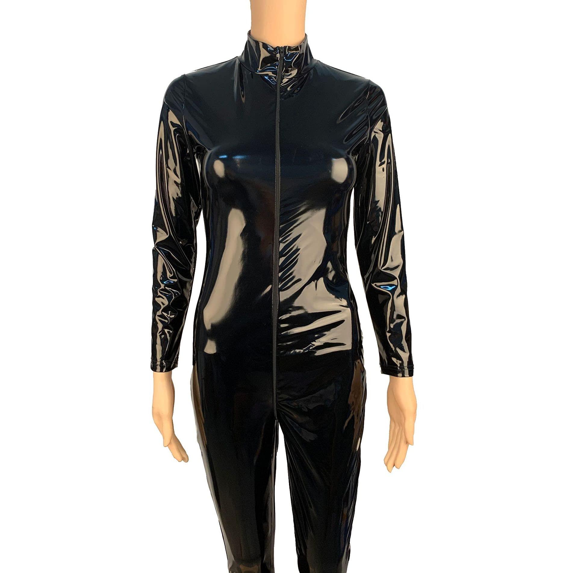 BERMEL BERMEL Women's Bodysuit Shiny Patent Black PVC Leather CatSuit Full Body Sexy Latex Tight Zipper Jumpsuit Rubber Clothing (5XL)
