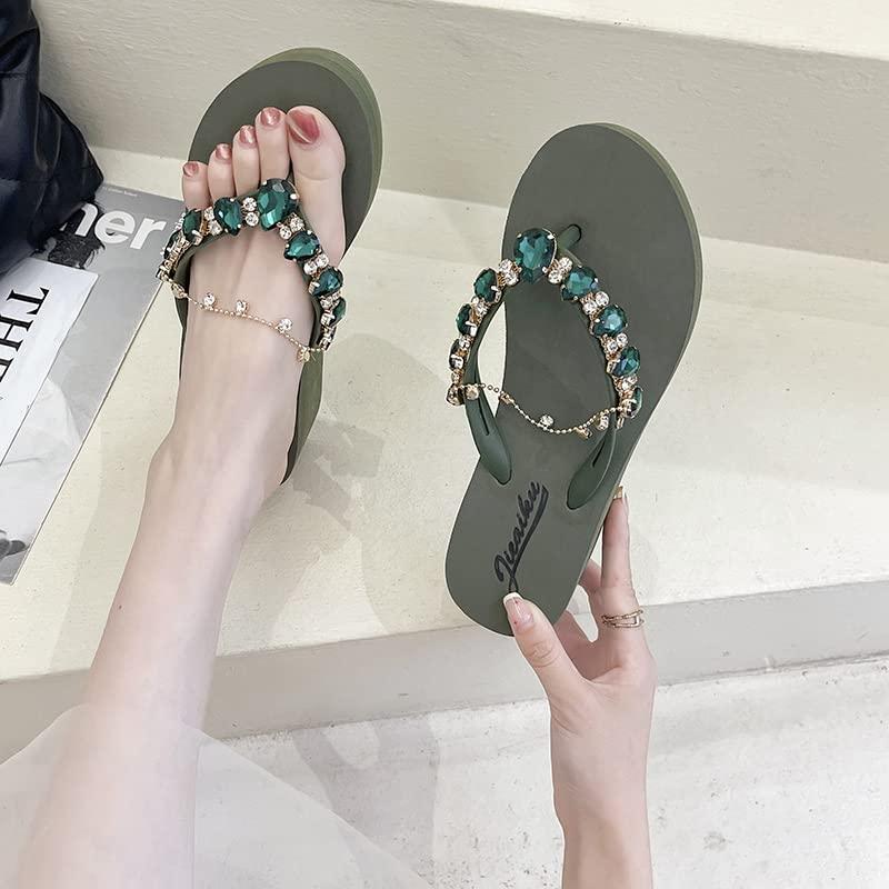 DYJAGYO DYJAGYO Women's Rhinestone Chain Platform Wedge Flip Flop Sandals,Women's Rhinestone Flip Flops,Fashion Flip Flop Sandals for Parties and Weddings (Green,38)