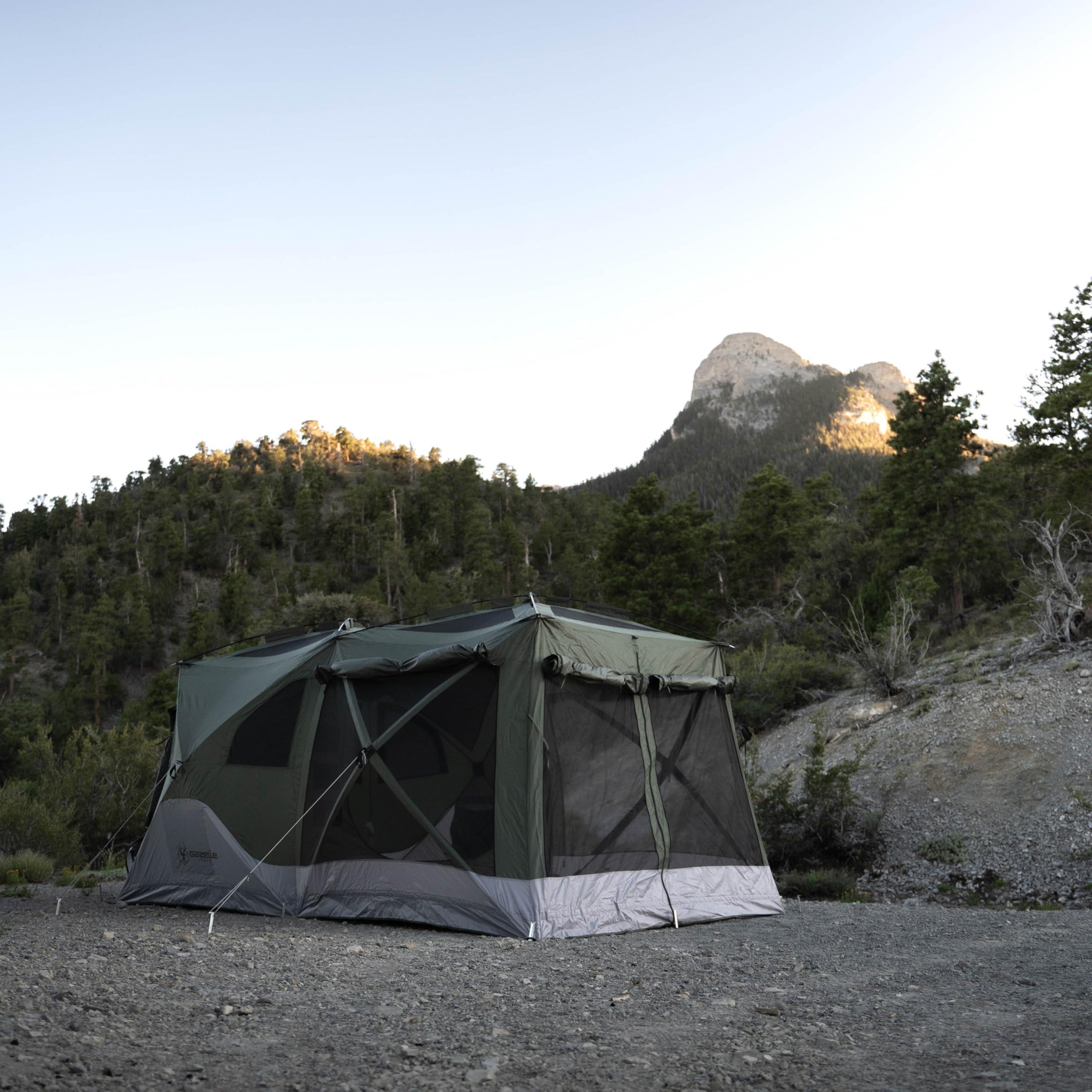 Gazelle Tents Gazelle Tents, T4 Tandem Hub Tent, Easy 90 Second Set-Up, Waterproof, UV Resistant, Convertible Screen Room, Removable Floor, 4-8 Person, Alpine Green, 78" x 94" x 165", GT450GR
