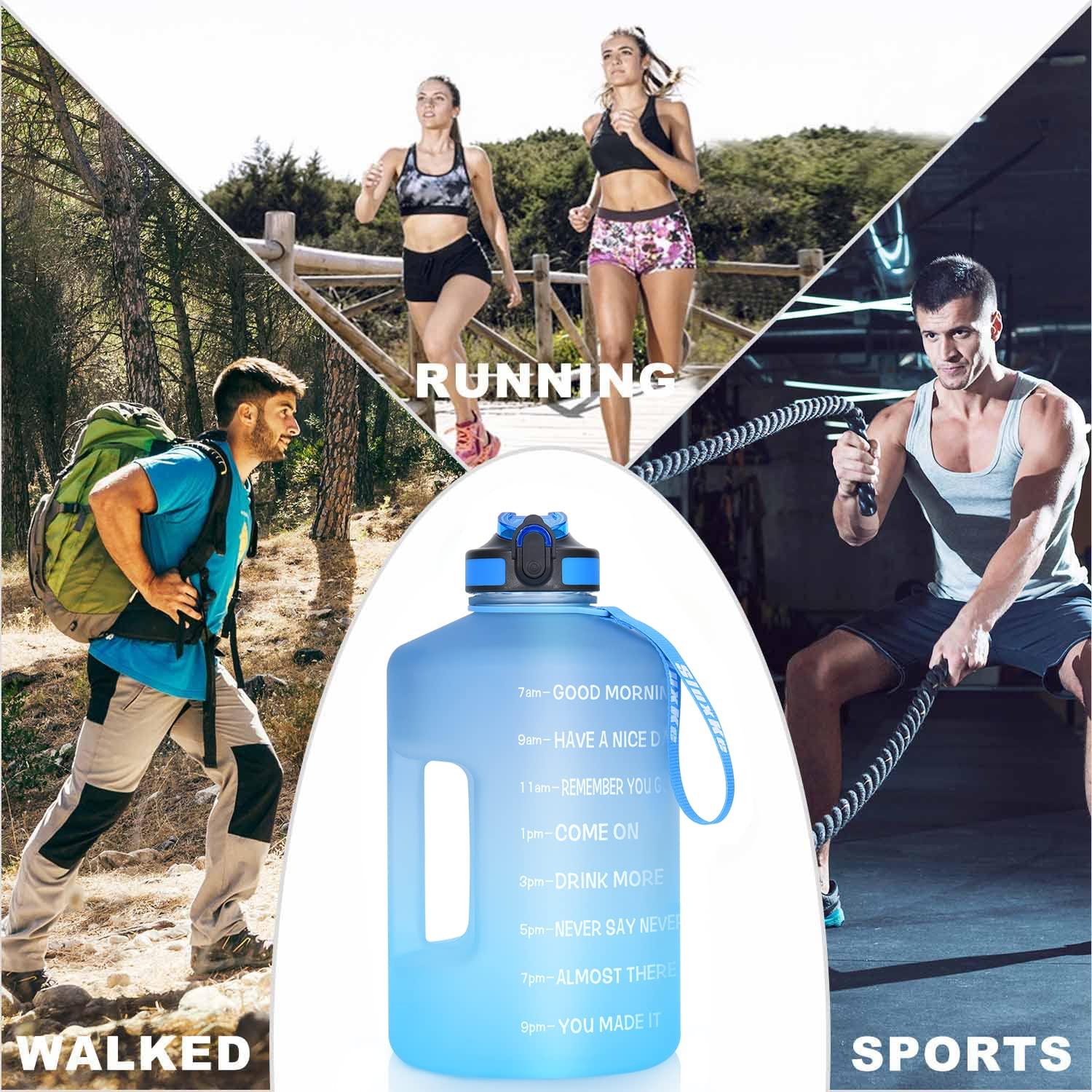 SLUXKE SLUXKE Gallon Water Bottle with Time Marker BPA Free, 128oz Huge Sports Water Bottle with Handle and Straw Leak Proof, One Click Open Big Water Jug Blue Blue