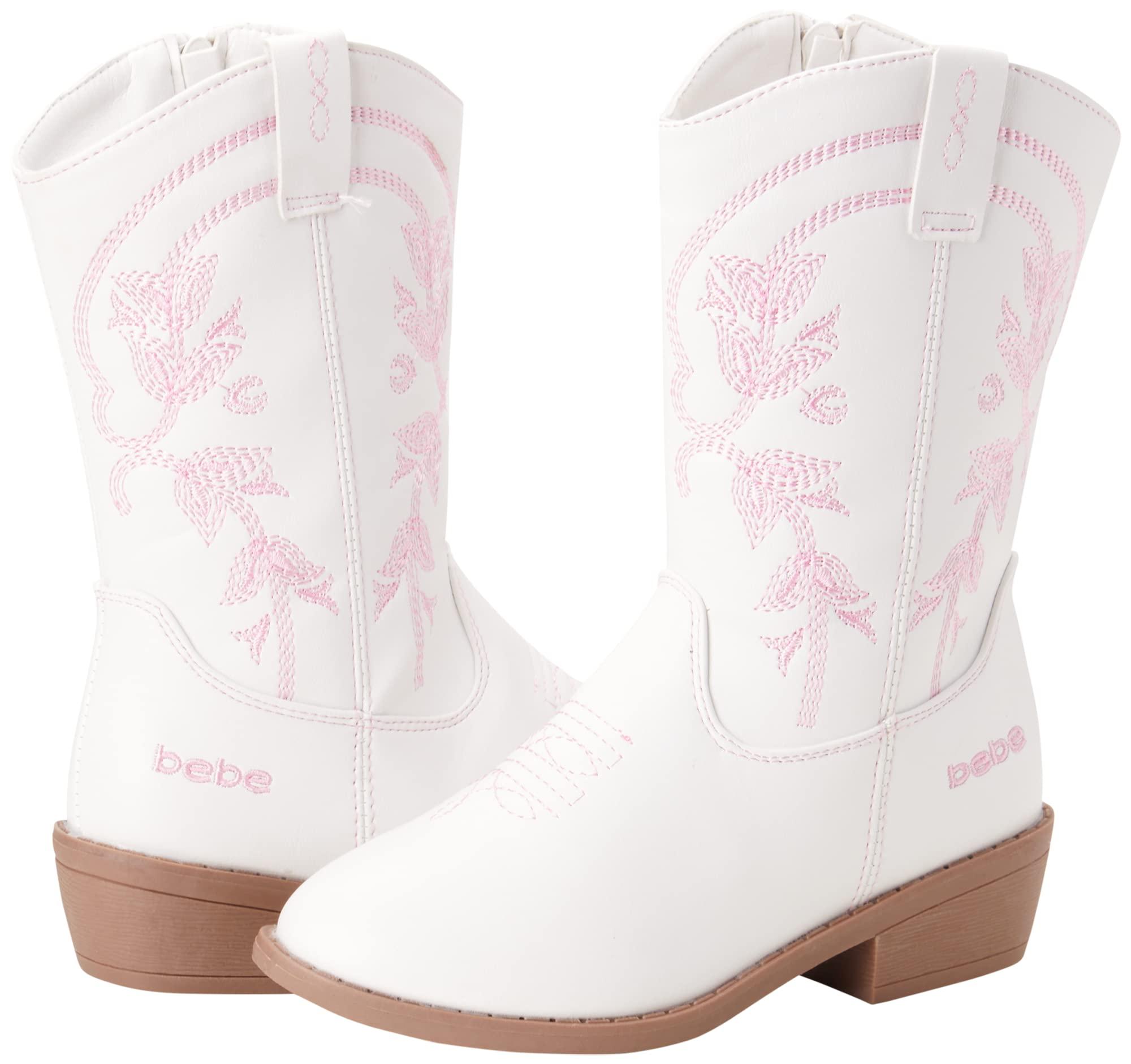 bebe bebe Girls' Cowgirl Boots - Classic Western Cowboy Boots - Mid Calf Boots for Toddlers, Little and Big Girls (5T-7), Size 2 Little Kid, Pink/White