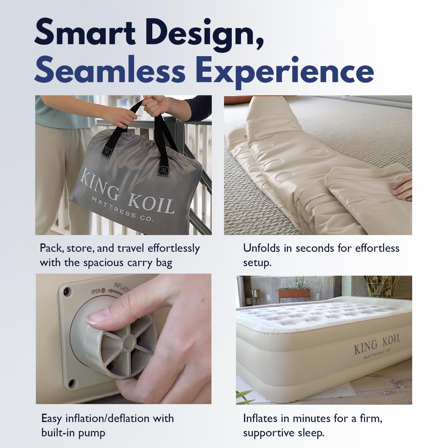 King Koil King Koil Luxury California King Air Mattress with Built-in Pump for Home, Camping & Guests - 20 King Size Inflatable Airbed Luxury Double High Adjustable Blow Up Mattress, Durable Waterproof