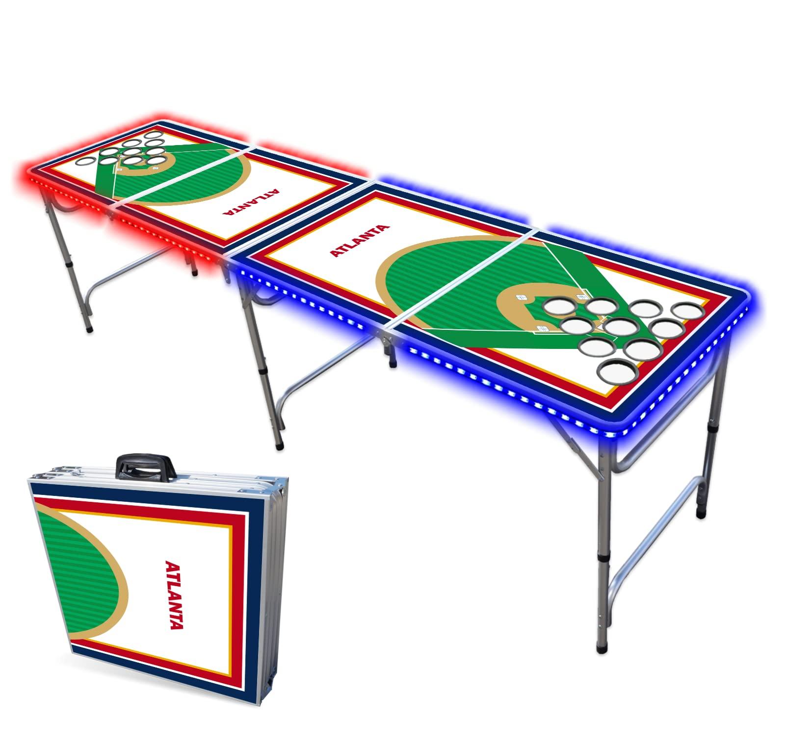 PartyPongTables.com 8-Foot Professional Beer Pong Table w/Cup Holes & LED Lights - Atlanta Baseball Diamonds