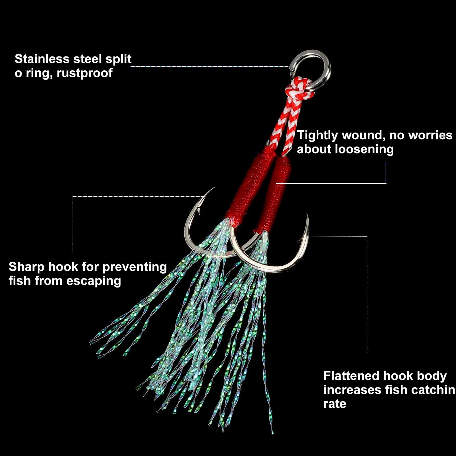 PATIKIL PATIKIL Double Fishing Assist Hooks Kit, 5 Pcs Glow Jigging Hook Slow Fast Fall Jigs Fishing Hooks for Vertical Jigging Lures, Green (11#, 2.1\"x0.4\")