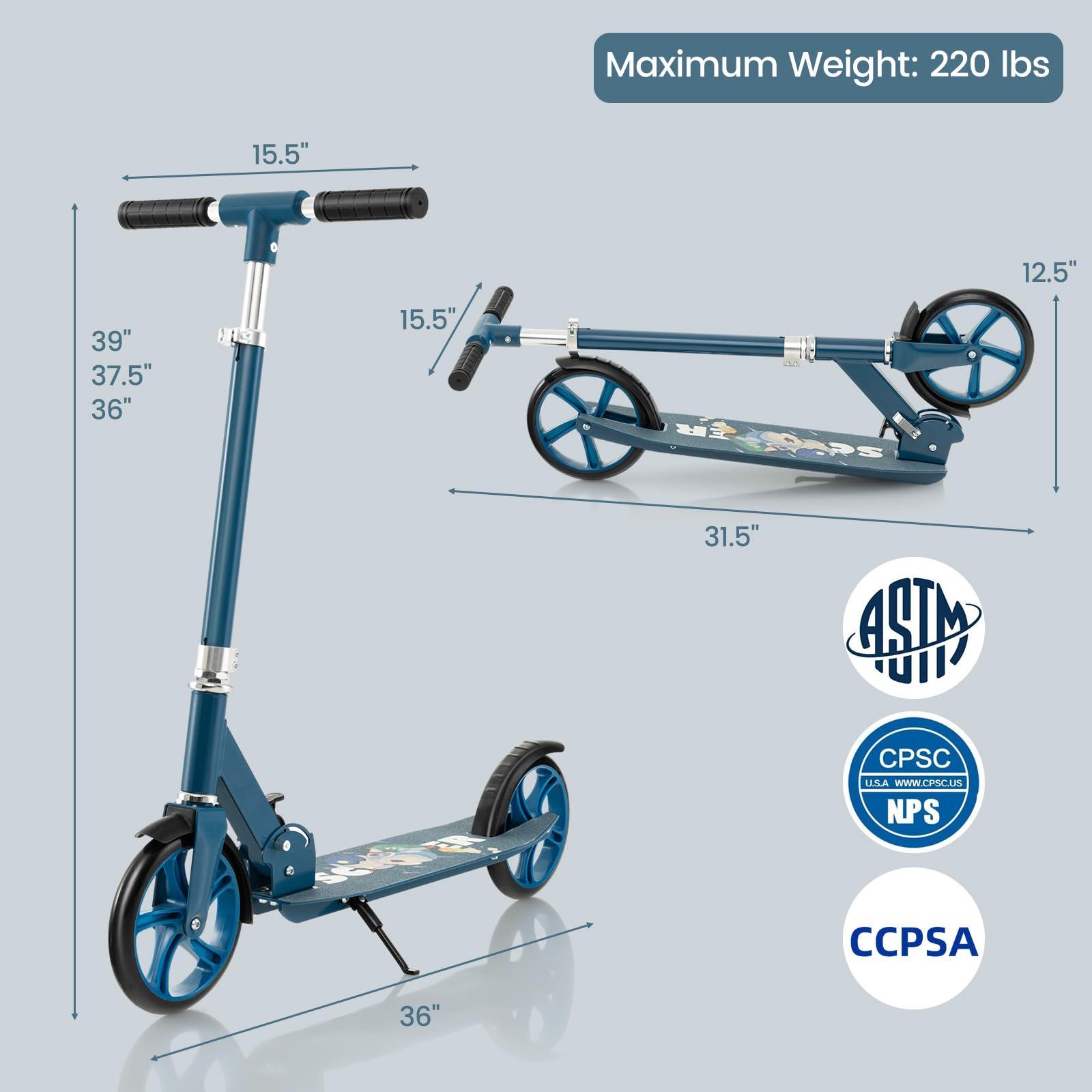 Costzon Costzon Kick Scooter for Kids Ages 8+, Foldable Kids & Adults Scooter with 8-inch Big Wheels, 3 Adjustable Heights, Max Load 220 LBS, Portable Scooters for Teens Boys Girls Gifts Presents (Blue)