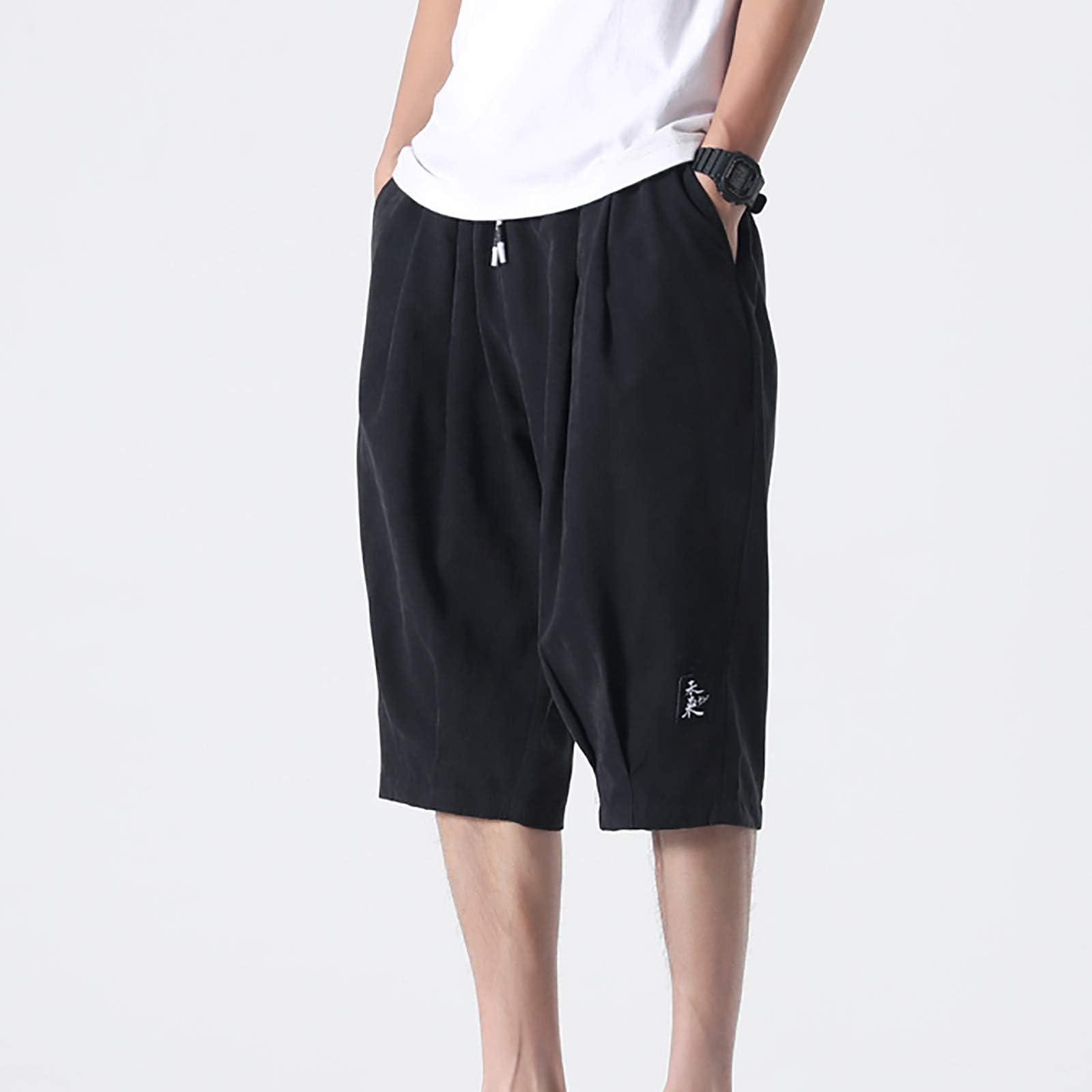 Generic Generic Men\'s Capri Long Shorts below Knee Summer Oversized Shorts Drawstring Stretchy Waist Hiking Baggy Athletic Shorts L-8XL Black, 7X-Large