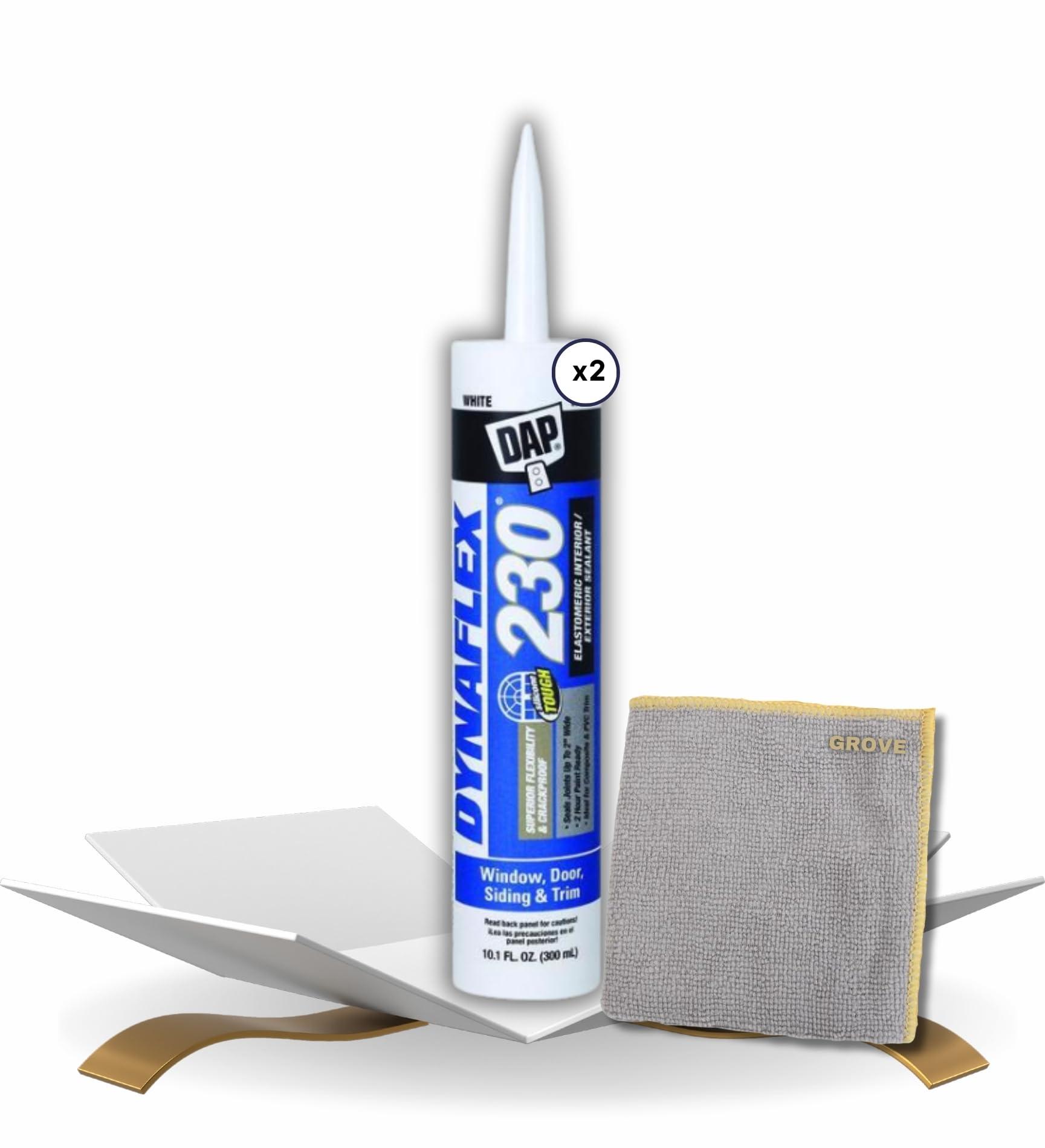GROVE DAP Dynaflex 230 Sealant 10.1 oz Bundle with Microfiber Cloth - Waterproof - Elastomeric Caulk Sealant for Windows, Doors, and More - Indoor/Outdoor Use - White - (3 Items)