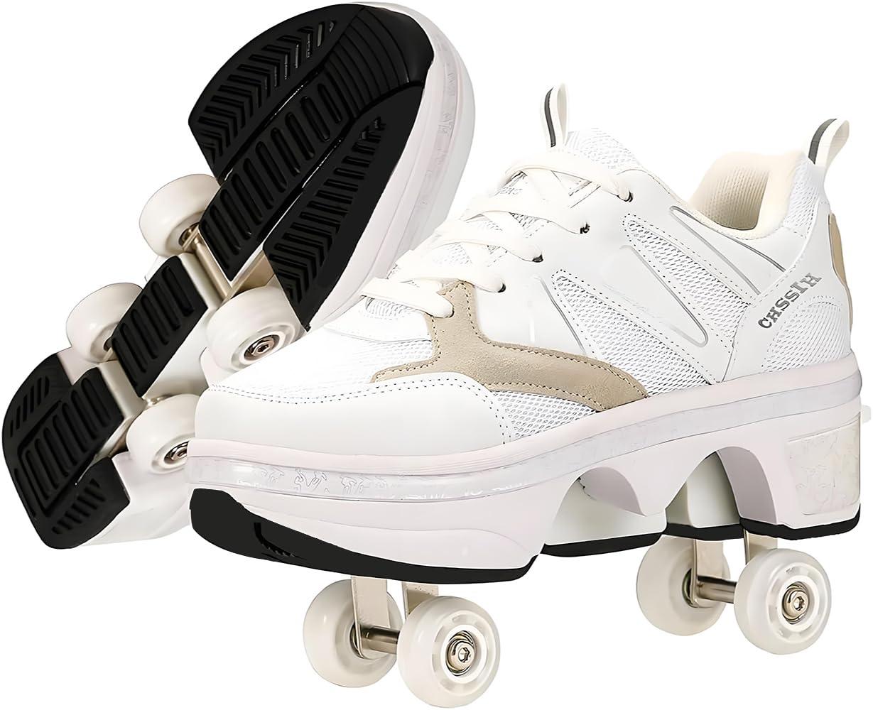 CHSSIH Shoes with Wheels Roller Skate Shoes for Girls, Kids, Women, Men & Adults | Retractable High Roller Skating Shoes That Pop Out Into Sneaker Skates - White, 5.5