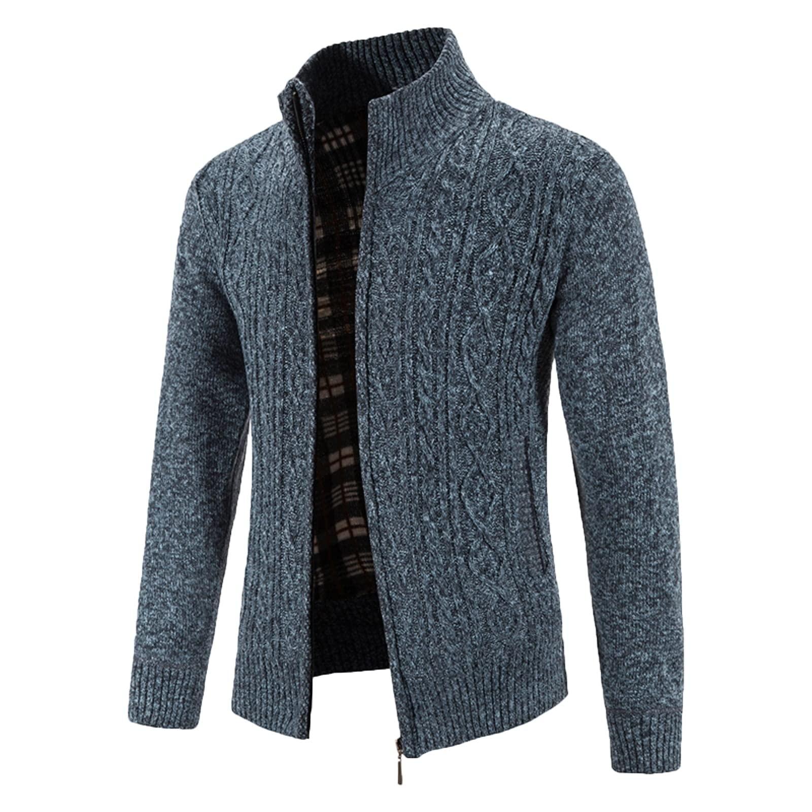 xoxingysm xoxingysm Mens Cardigan Sweaters Jacket Full Zip Mock Neck Solid Sweaters Cable Knitted Sherpa Fleece Lined Stand Collar Windproof Fishing Casual Cardigan Coat